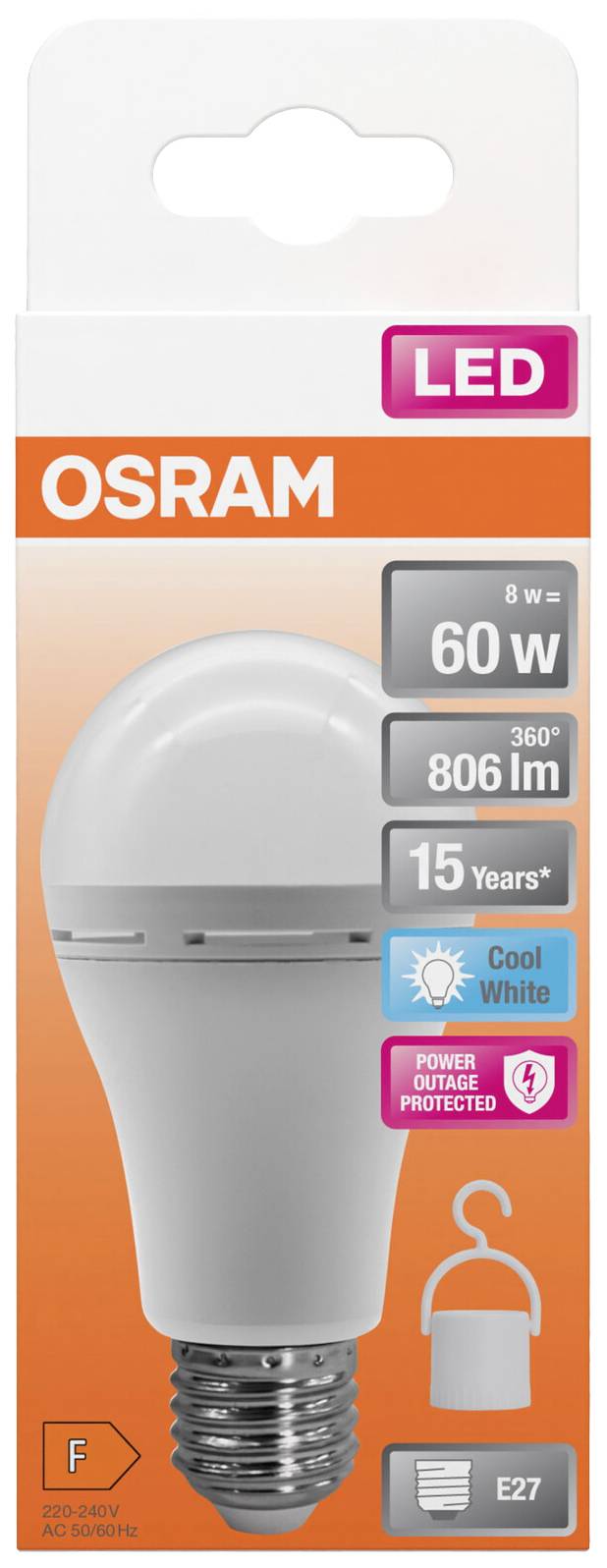 LED-Glühbirne in Verpackung. Marke: OSRAM, 8W entspricht 60W, 806 Lumen, 360° Abstrahlwinkel, 15 Jahre Lebensdauer, E27-Sockel.