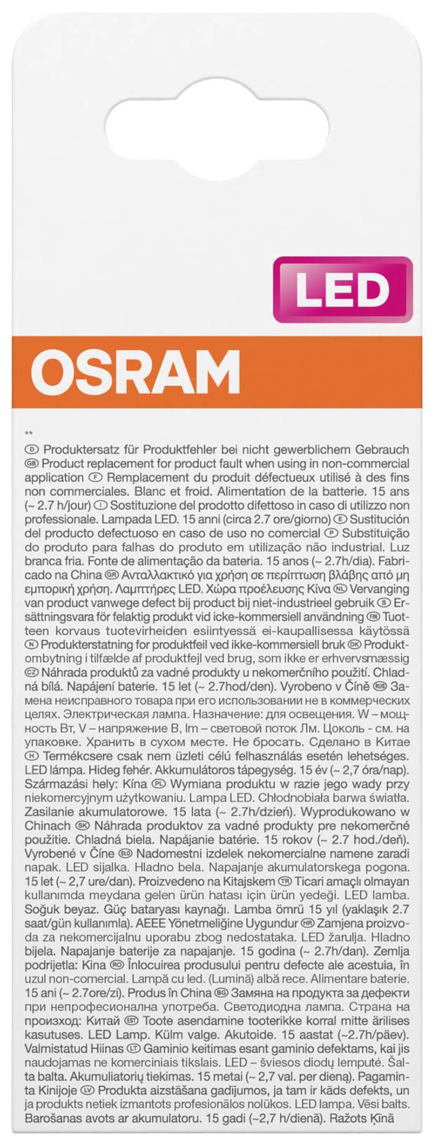 Verpackung einer OSRAM LED-Lampe mit Produktinformationen und technischen Details auf der Rückseite.