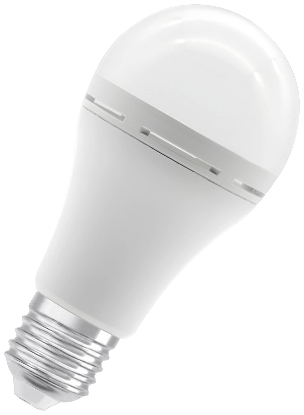 Weiße LED-Glühbirne mit silbernem Schraubsockel auf weißem Hintergrund.