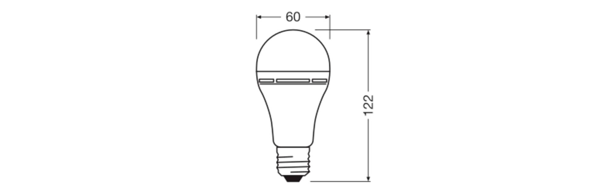 Diagramm einer Glühbirne mit Maßen: Höhe 122 mm, Breite 60 mm, einschließlich Sockel.