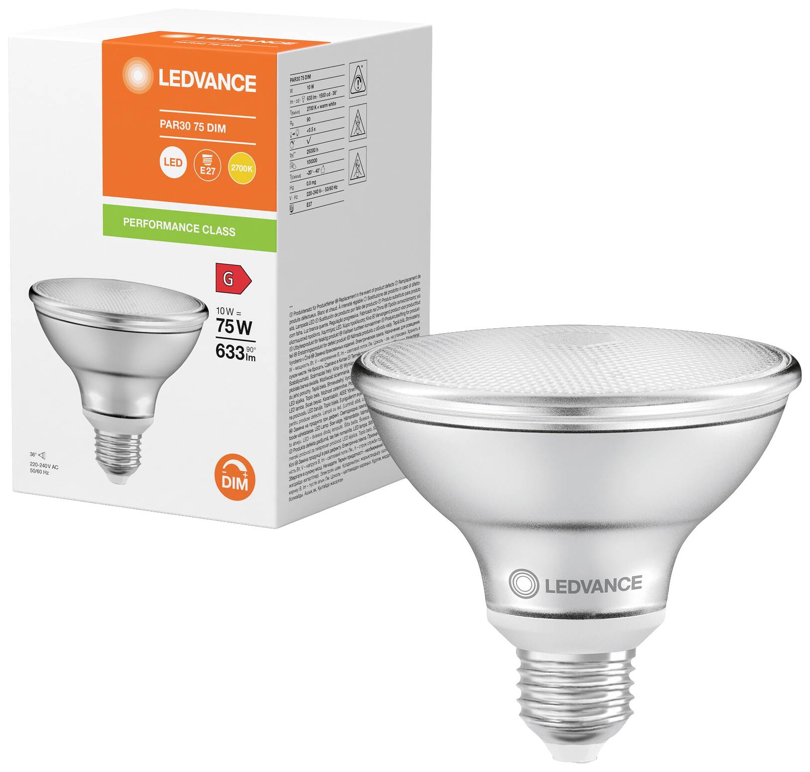Eine LED-Lampe von Ledvance in der Verpackung. Leistungsdaten: 10 W, 75 W Äquivalent, 633 lm, dimmbar, Energieeffizienzklasse G.