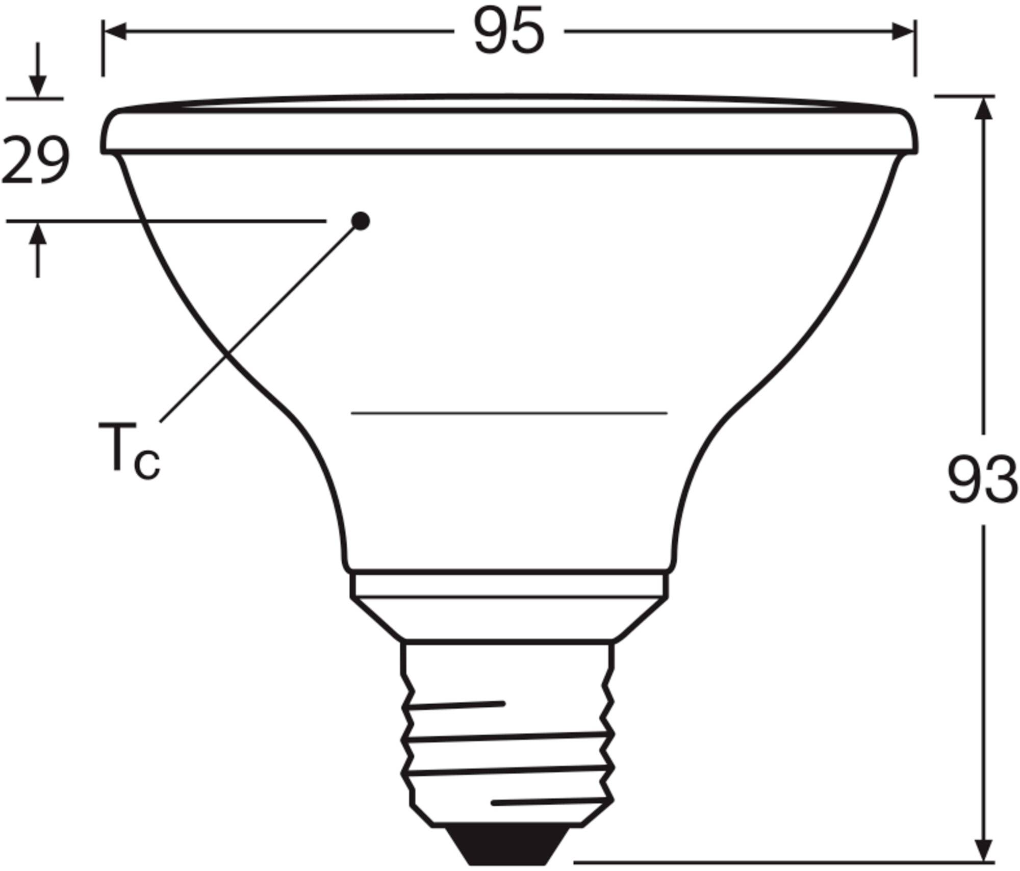 Diagramm einer Glühbirne mit Maßen: 95 mm Durchmesser, 93 mm Höhe, Punkt 'Tc' in 29 mm Entfernung vom oberen Rand.