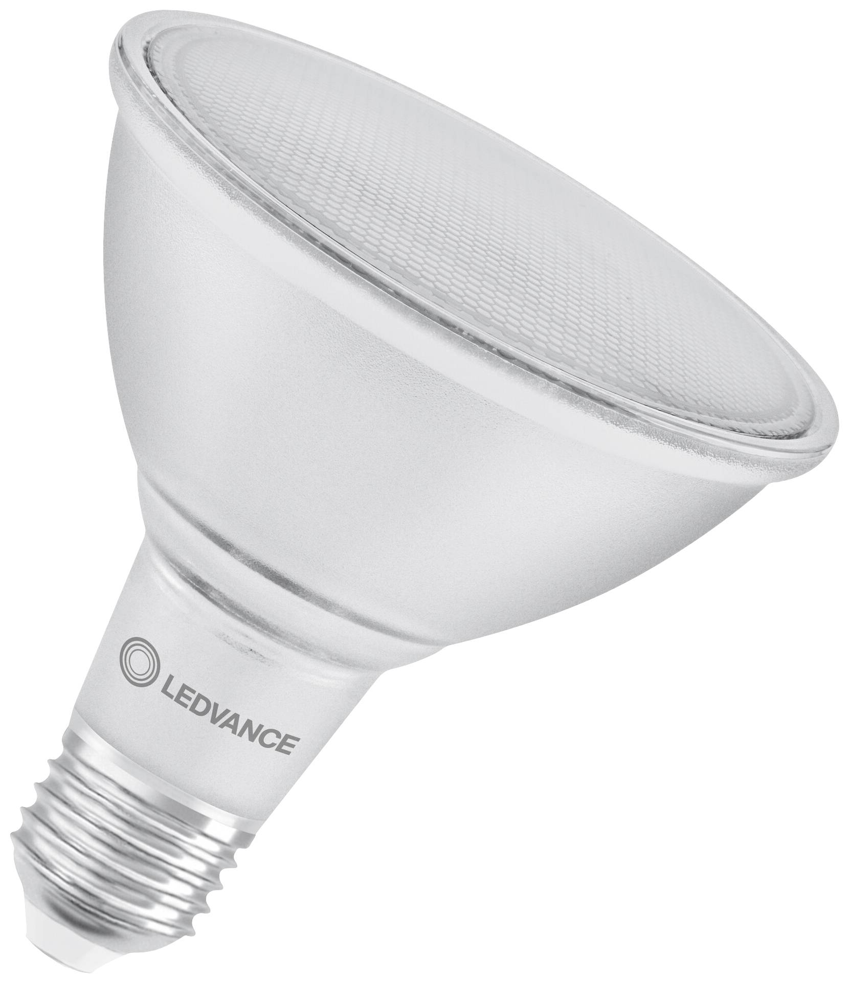Eine silberne LED-Lampe mit markantem Schirm und Aufschrift 'LEDVANCE'.