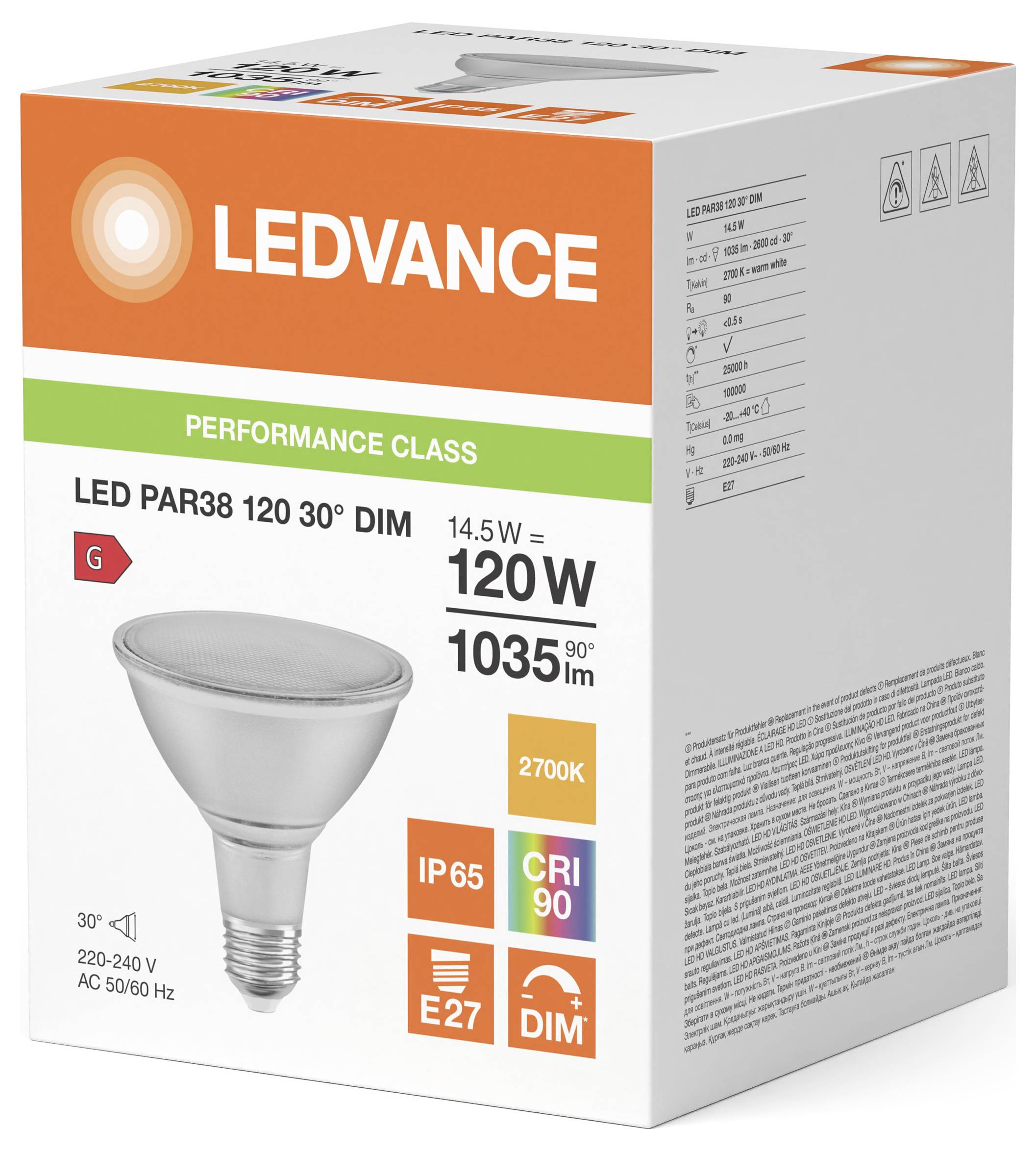 LEDVANCE LED PAR38 Glühbirne Verpackung mit Produktabbildung und Spezifikationen: 14,5W entspricht 120W, 1035 lm, 2700K, CRI 90, IP65, E27, dimmbar.