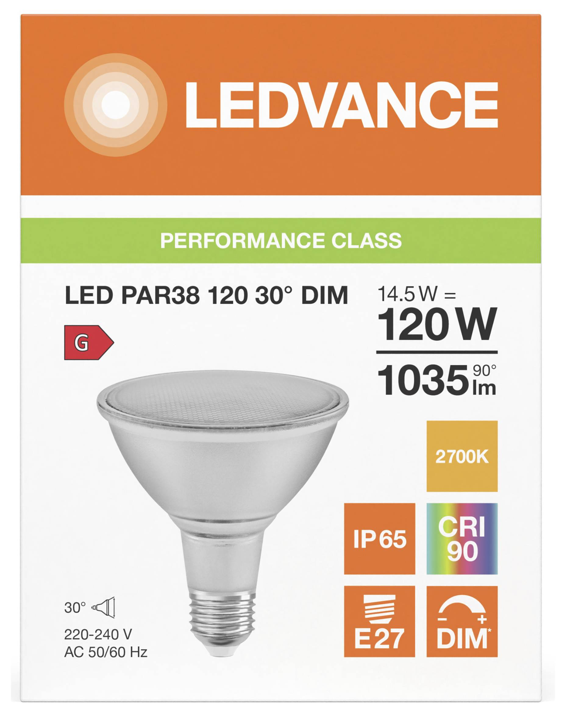 LEDVANCE LED PAR38-Glühbirnen-Verpackung mit einer dimmbaren 14,5-W-LED-Lampe, 120-W-Äquivalent, 1035 Lumen, 2700K, IP65, E27, CRI 90, 30°-Abstrahlwinkel.