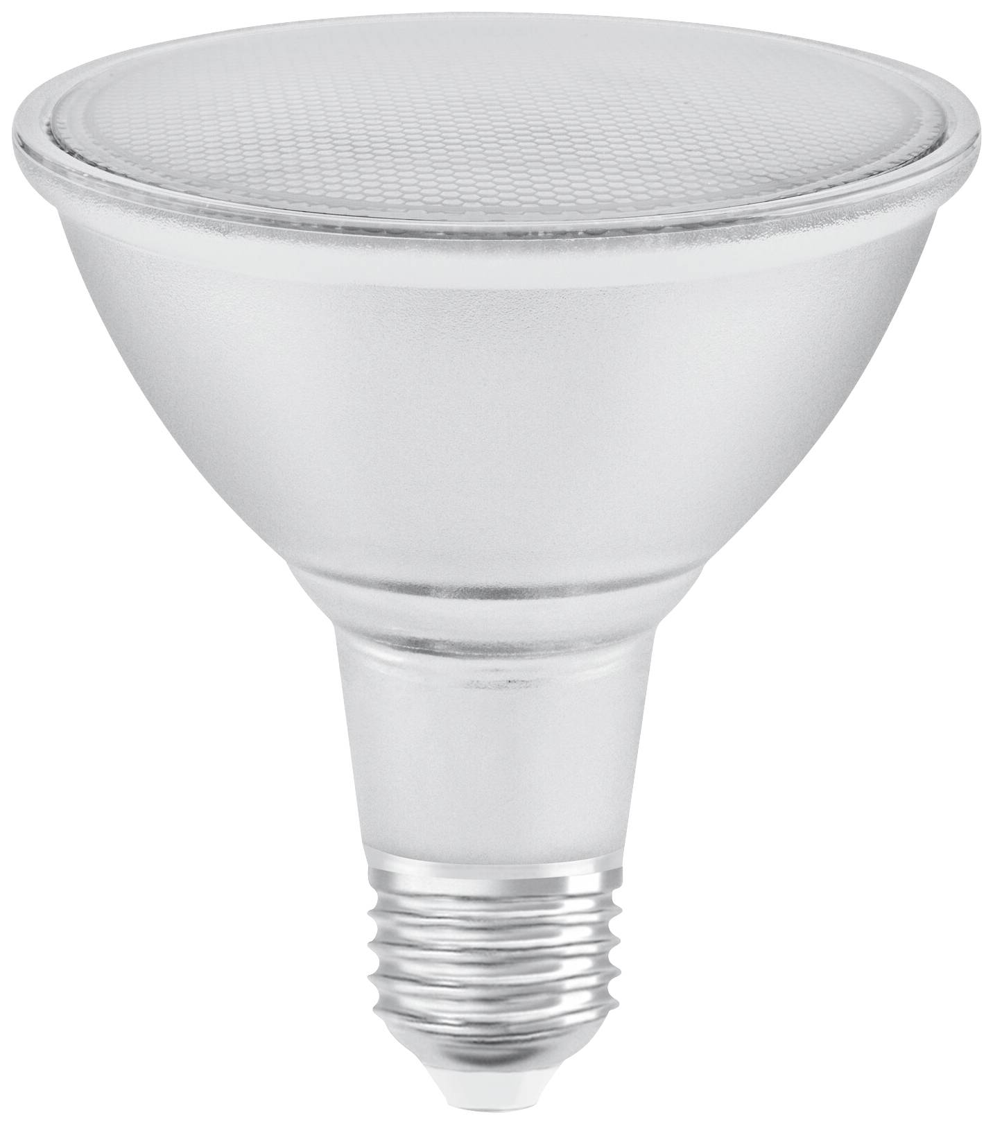 Silberne LED-Lampe mit Schraubsockel, geeignet für standardmäßige Lampenfassungen.