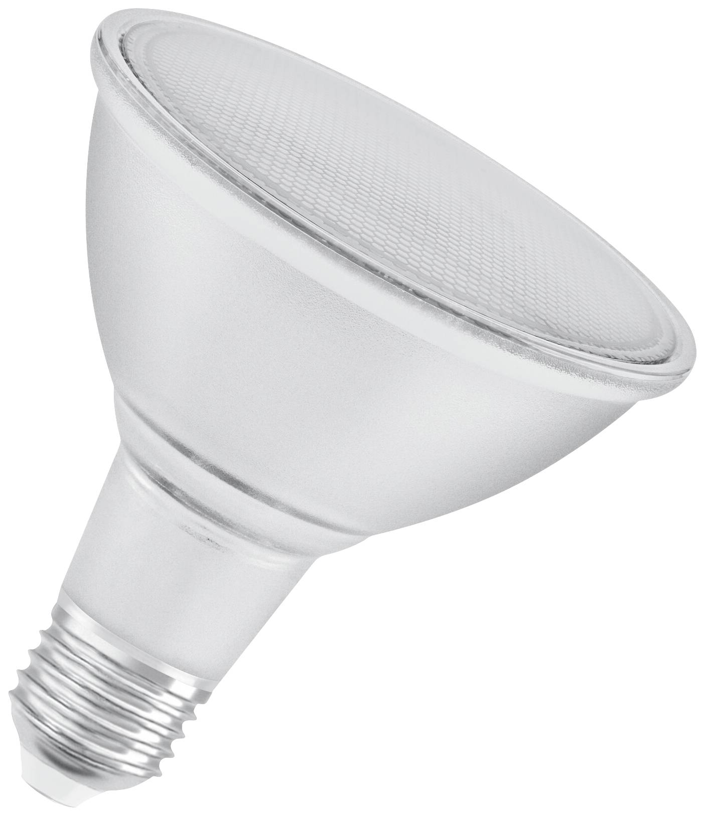 Silberne, kegelförmige LED-Lampe mit breitem Reflektor und Gewinde, geeignet für starke, gerichtete Beleuchtung.