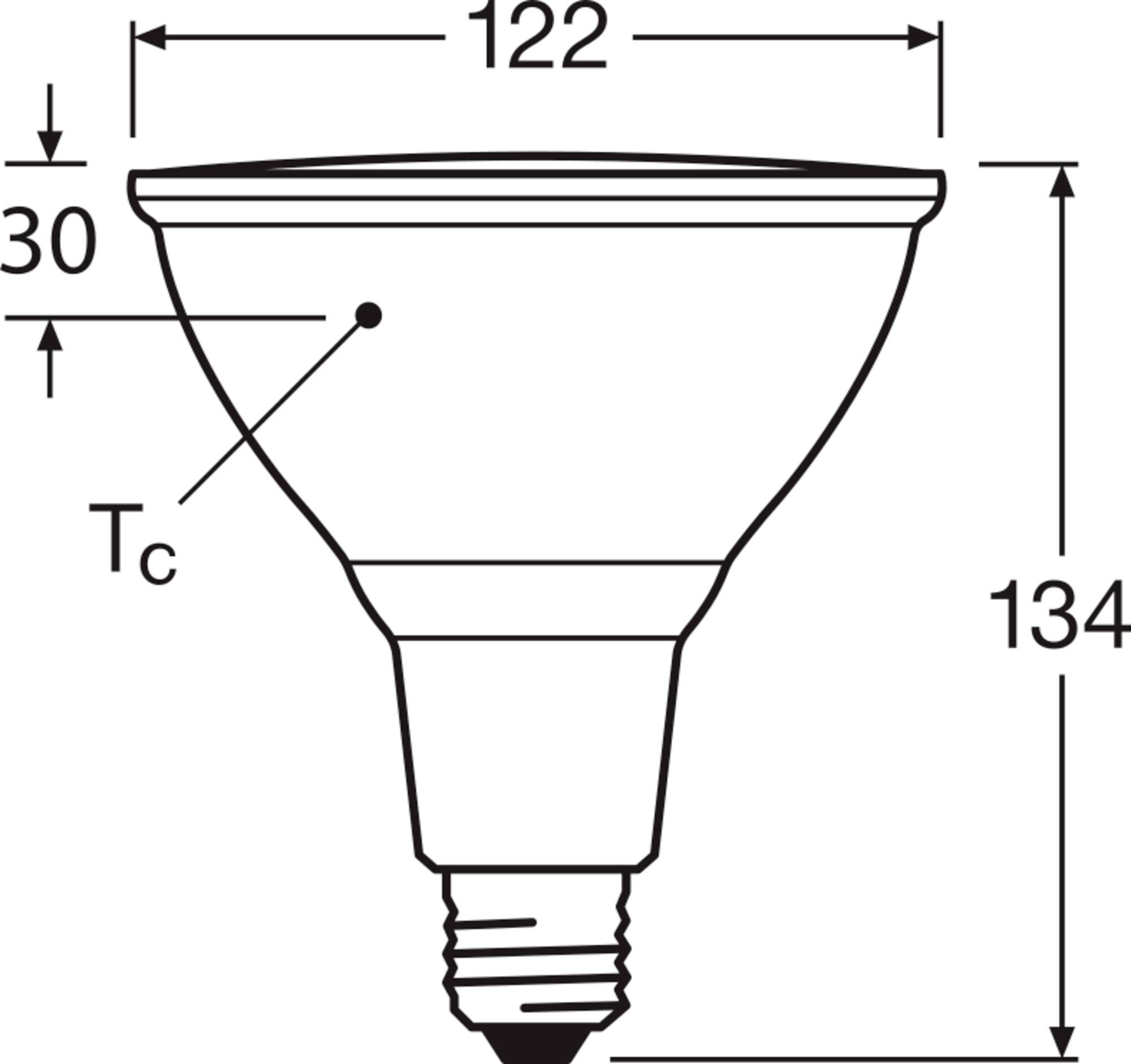 Technische Zeichnung einer Glühbirne mit Maßen: Gesamthöhe 134 mm, Durchmesser 122 mm, Abstand von Spitze zu Messpunkt Tc 30 mm.