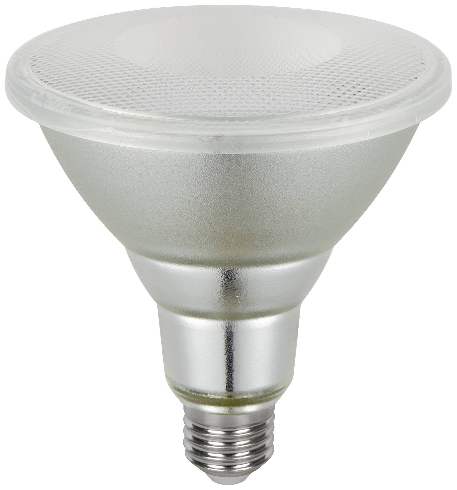 Silberne LED-Glühbirne mit breitem Reflektor, Schraubsockel unten. Geeignet für energieeffiziente Beleuchtung.