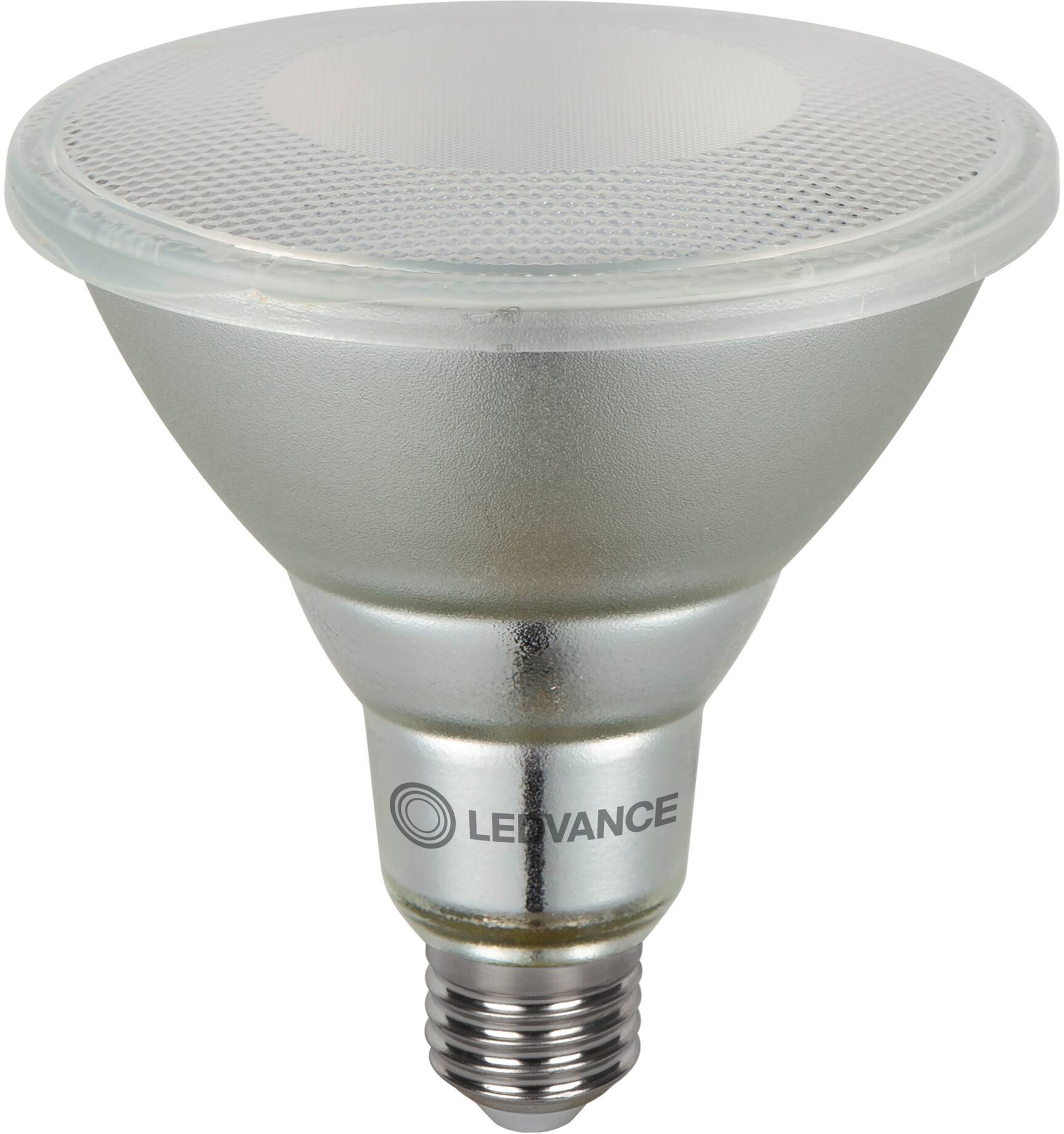 Eine LED-Lampe von Ledvance mit E27-Fassung und einem silbernen Gehäuse, geeignet für vielfältige Beleuchtungsanwendungen.