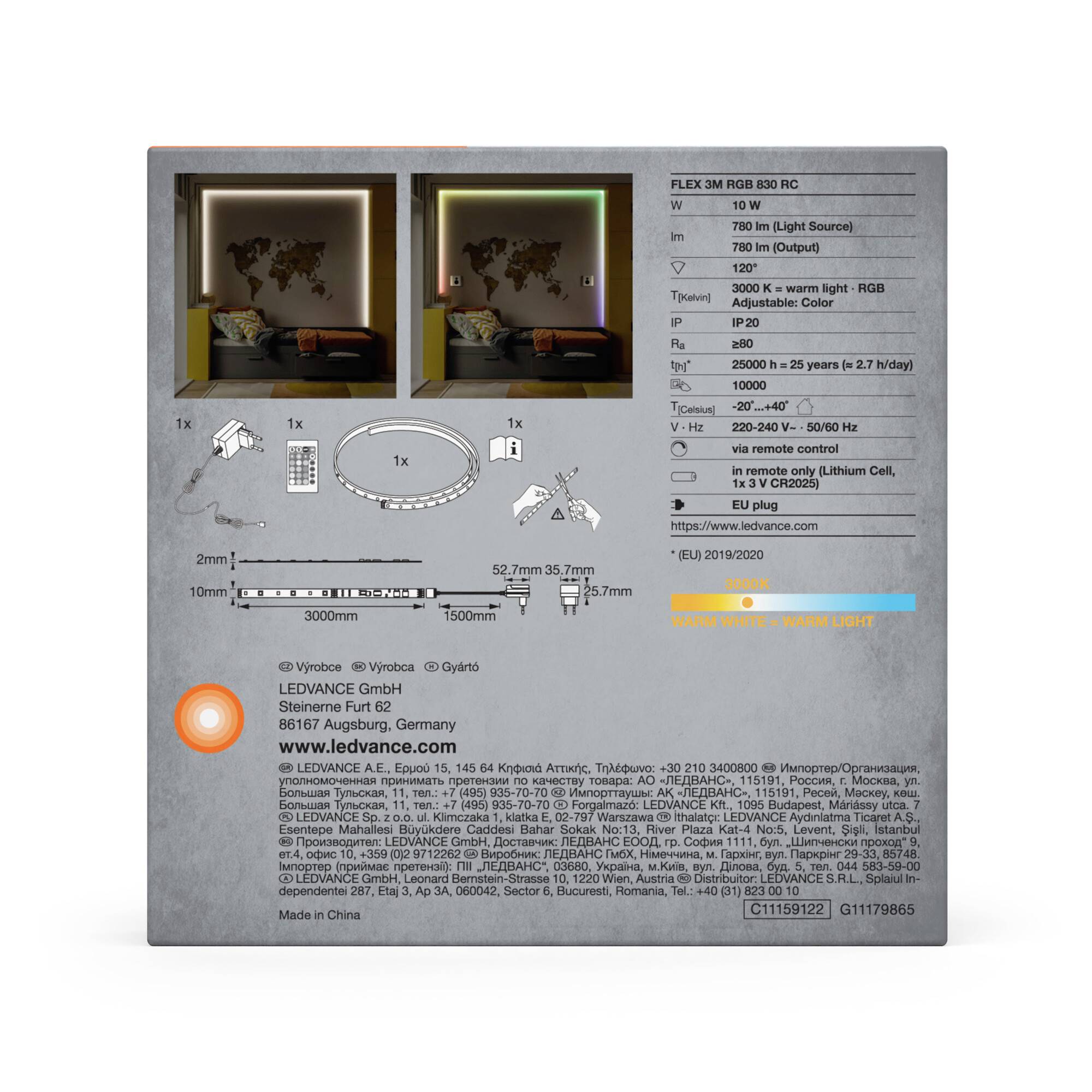 Die Verpackung zeigt eine LED-Streifenbeleuchtung mit Spezifikationen wie Länge und Lichtfunktionen. Firmendetails unten.