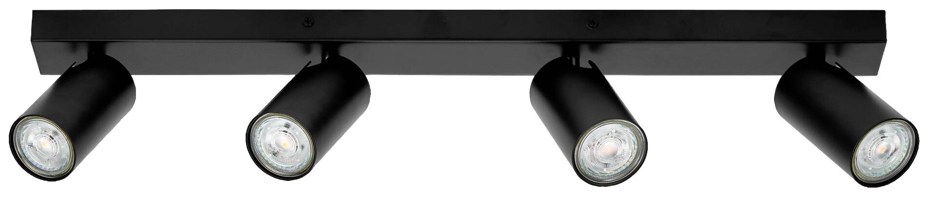 Vier schwarze, zylindrische Deckenstrahler, nebeneinander auf einer Schiene montiert, leuchten in verschiedene Richtungen.