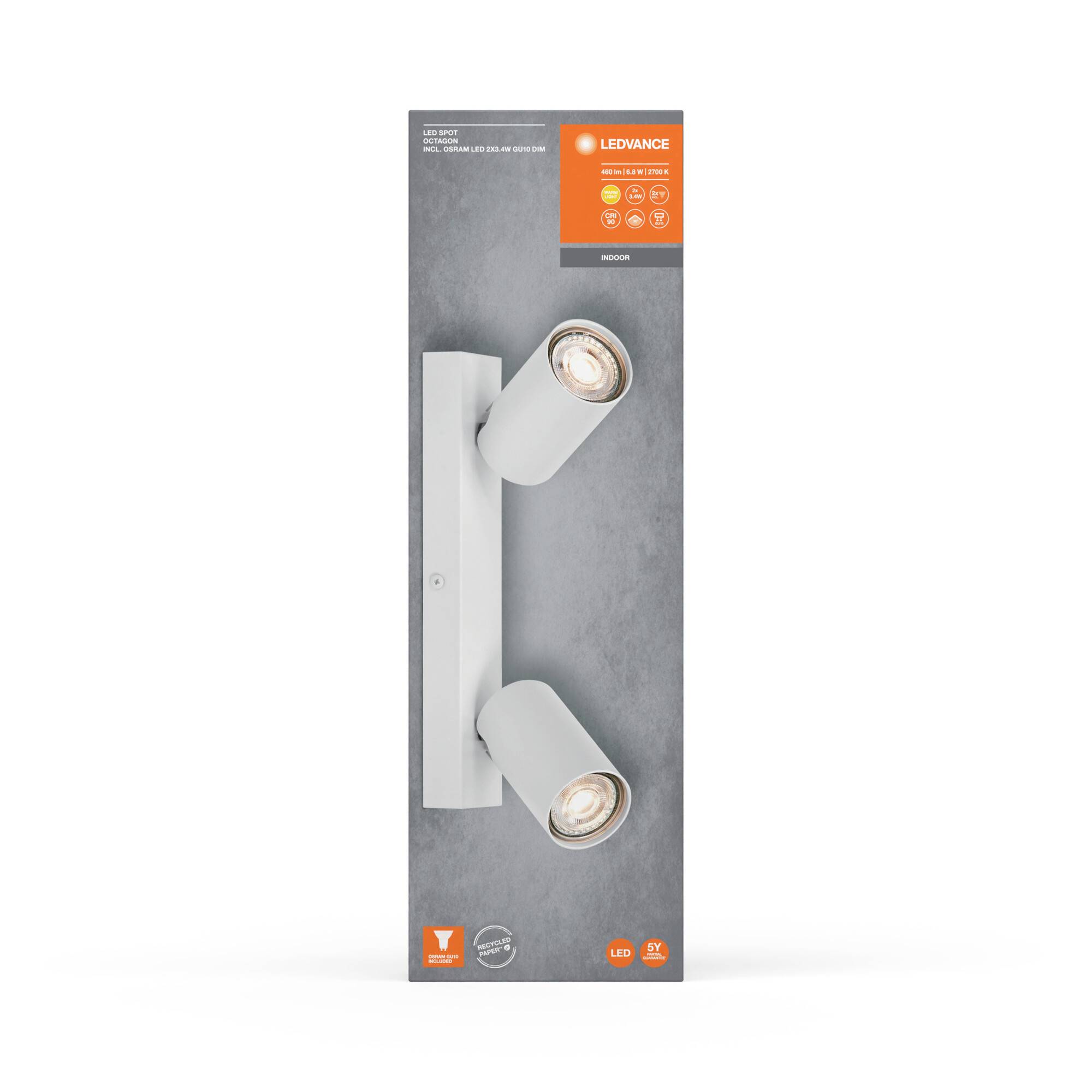 Zwei weiße LED-Wandleuchten auf grauem Hintergrund. Oben steht 'LEDVANCE' in einem orangefarbenen Feld. Energieeffizienz und LED-Symbol sichtbar.