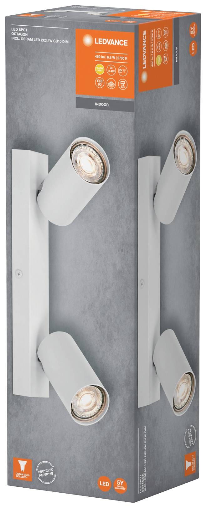 Verpackung einer LED-Leuchte der Marke Ledvance. Zeigt ein modernes, weißes Wandleuchtendesign mit zwei schwenkbaren Spots.