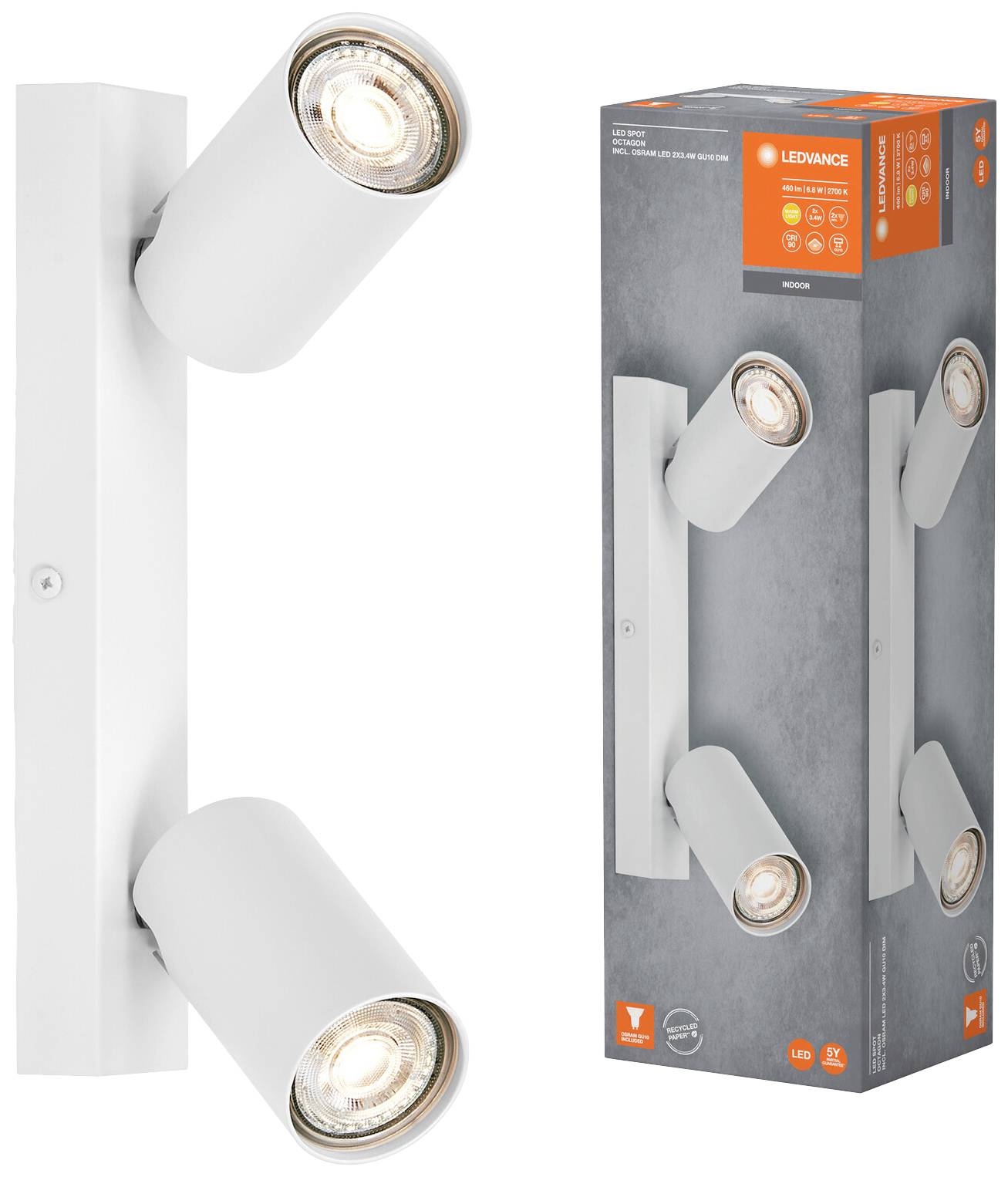 LED-Wandleuchte mit zwei verstellbaren Spots, modernem Design, in Weiß. Verpackung zeigt Produktbild und Markeninformationen.