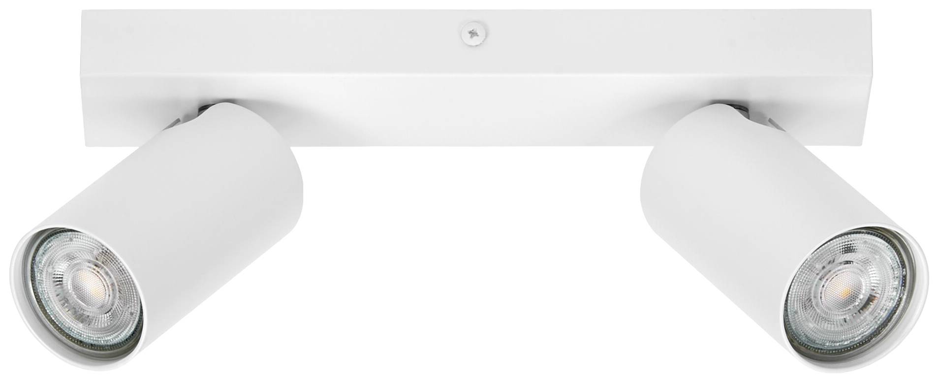 Weiße, zweistrahlige Deckenleuchte mit zylindrischen Spots. Sie sind verstellbar für gezielte Beleuchtung in modernen Räumen.