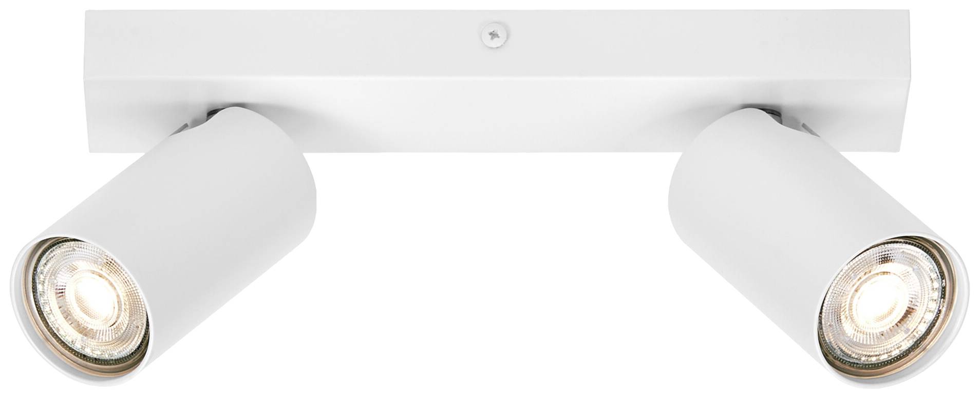 Zwei zylinderförmige, weiße Deckenstrahler mit verstellbaren Spots in modernem Design.