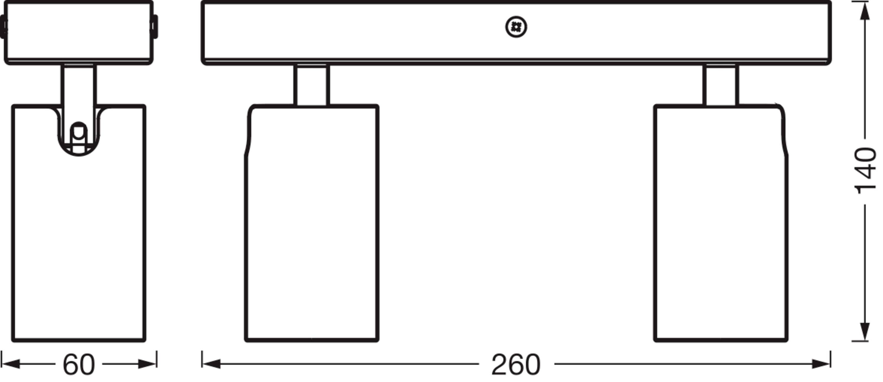 Technische Zeichnung einer Leuchte: Zwei zylindrische Lampen mit Abmessungen. Breite: 260 mm, Höhe: 140 mm, Tiefe: 60 mm.
