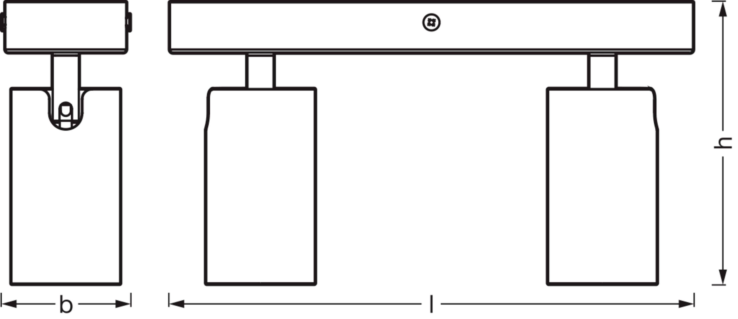 Technische Zeichnung einer zweifachen Spotleuchte mit rechteckigen Lampenfassungen, Maßangaben für Breite (b), Länge (l) und Höhe (h).