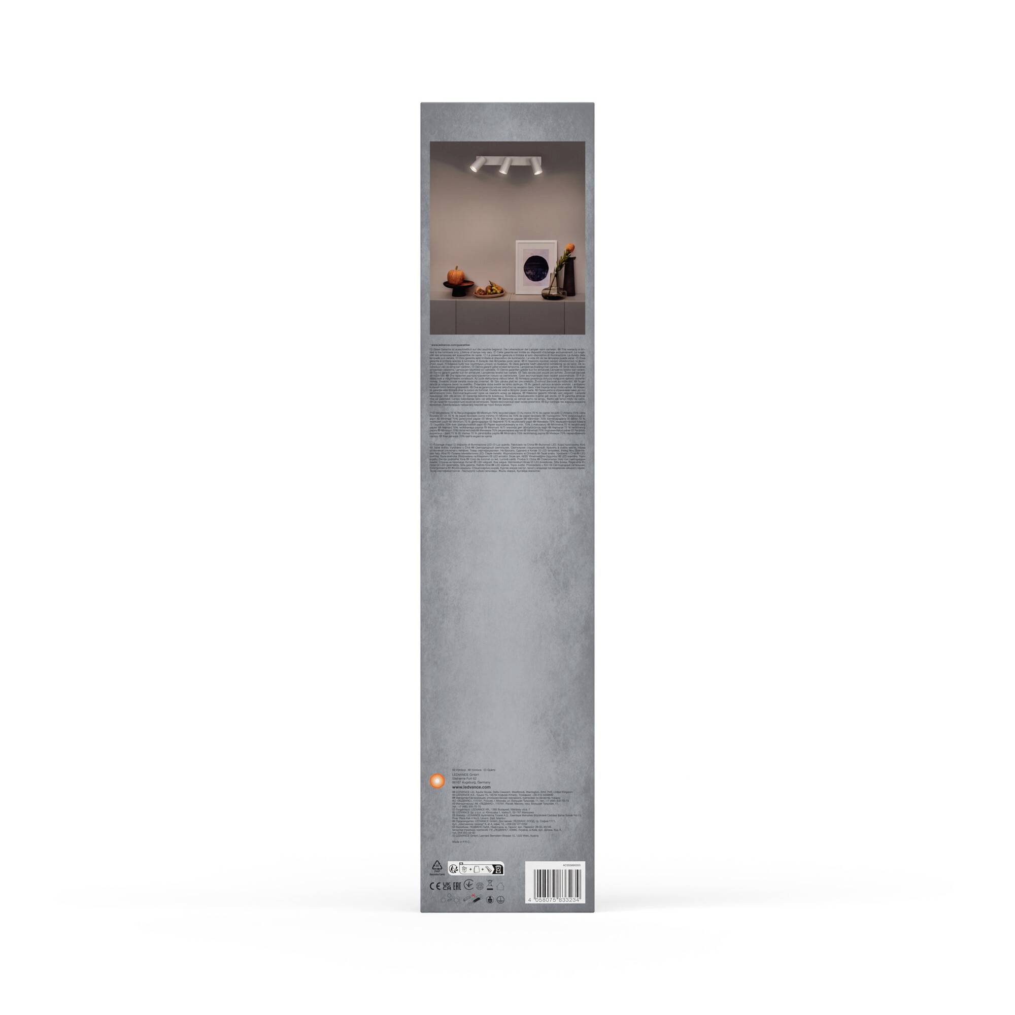 Eine Verpackung zeigt ein minimalistisches Kunstdesign: ein gedeckter Tisch mit einer Vase und einem kleinen Bild im Hintergrund.