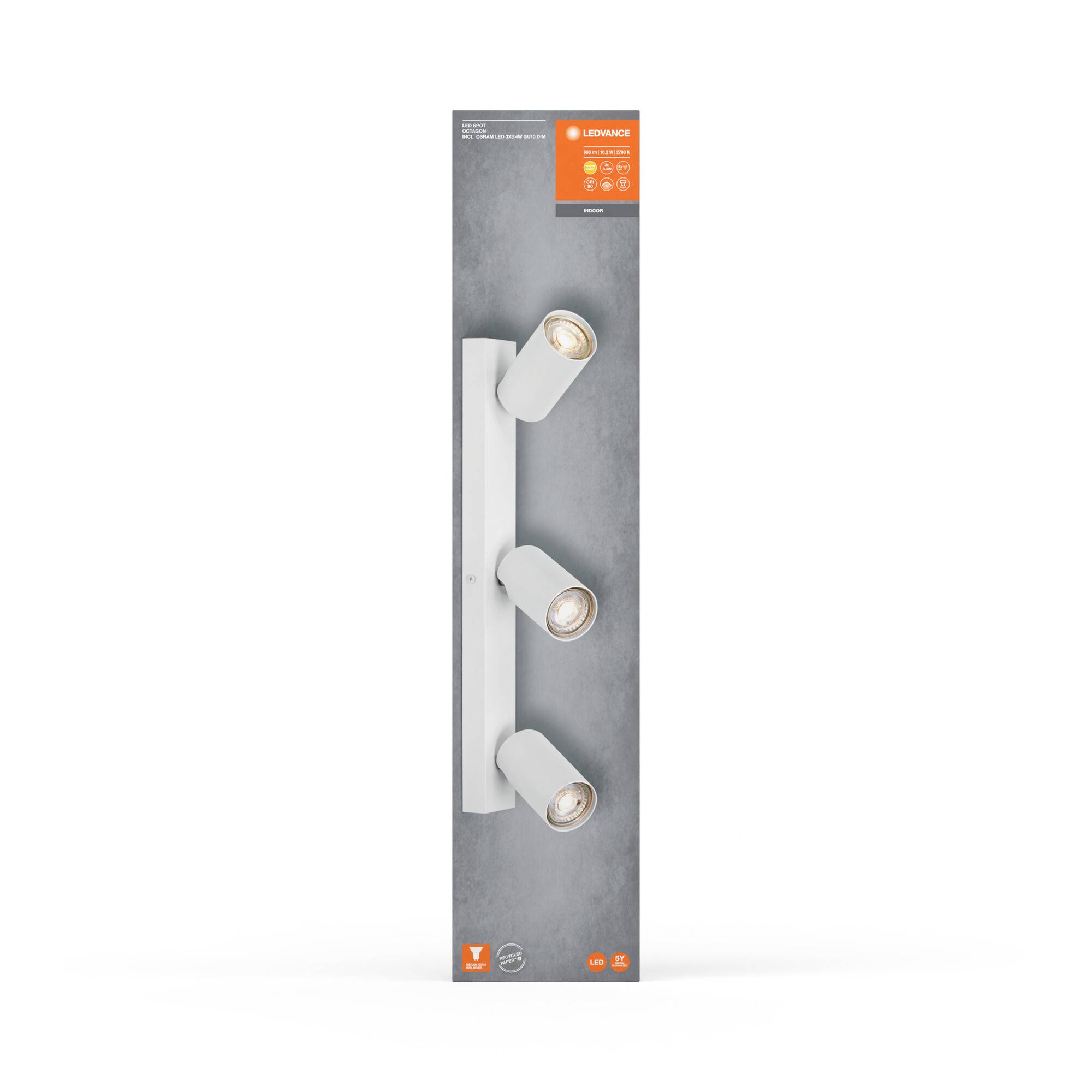 Drei weiße, zylinderförmige LED-Strahler auf einer Stange für Wandmontage. Verpackung mit Markenlogo und technischen Details.