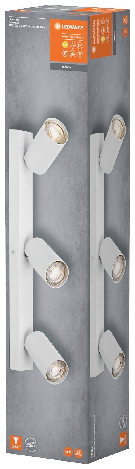 Verpackung einer LED-Wandleuchte mit vier verstellbaren Spots von Leovance, geeignet für den Innenbereich.