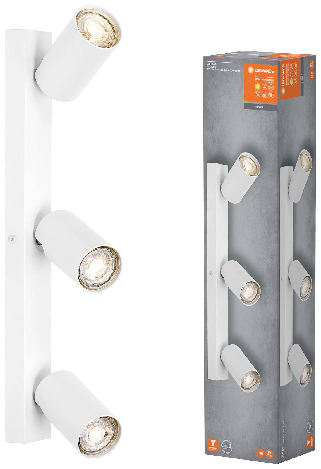 Drei weiße LED-Strahler an einer vertikalen Leiste, daneben die entsprechende Verpackung mit Produktinfos.