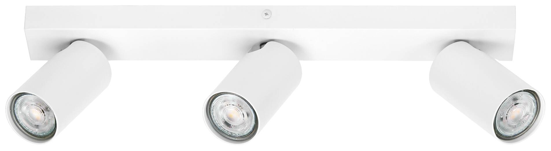 Weiße, längliche Deckenleuchte mit drei verstellbaren Spotlights. Ideal für gezielte Beleuchtung in Innenräumen.