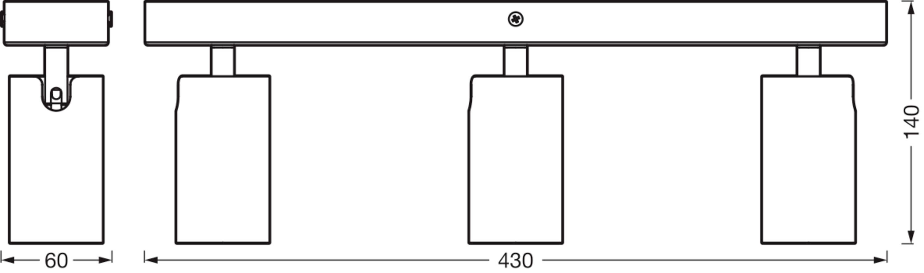 Diagramm einer dreiteiligen Deckenleuchte mit Maßen; 60 mm Breite, 430 mm Länge, 140 mm Höhe. Zeigt Anordnung und Abmessungen der Leuchten.