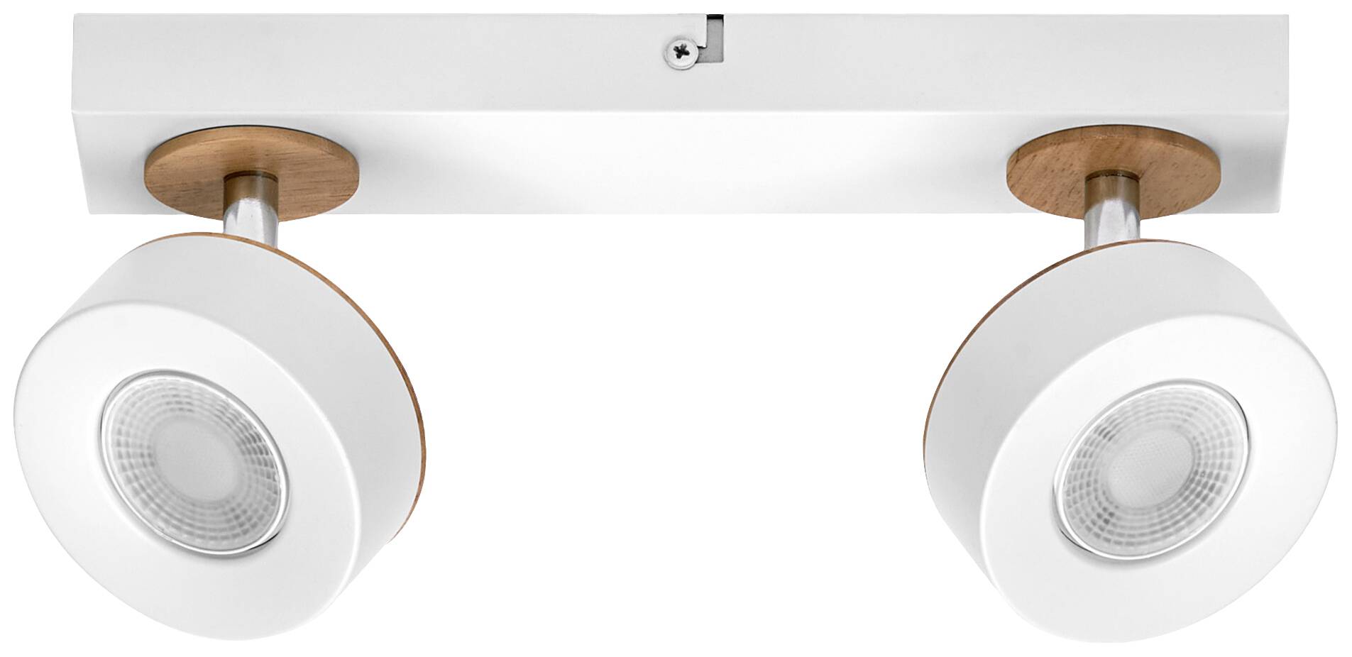 Deckenleuchte mit zwei weißen Lampen und holzfarbenen Akzenten, modern und minimalistisch im Design.