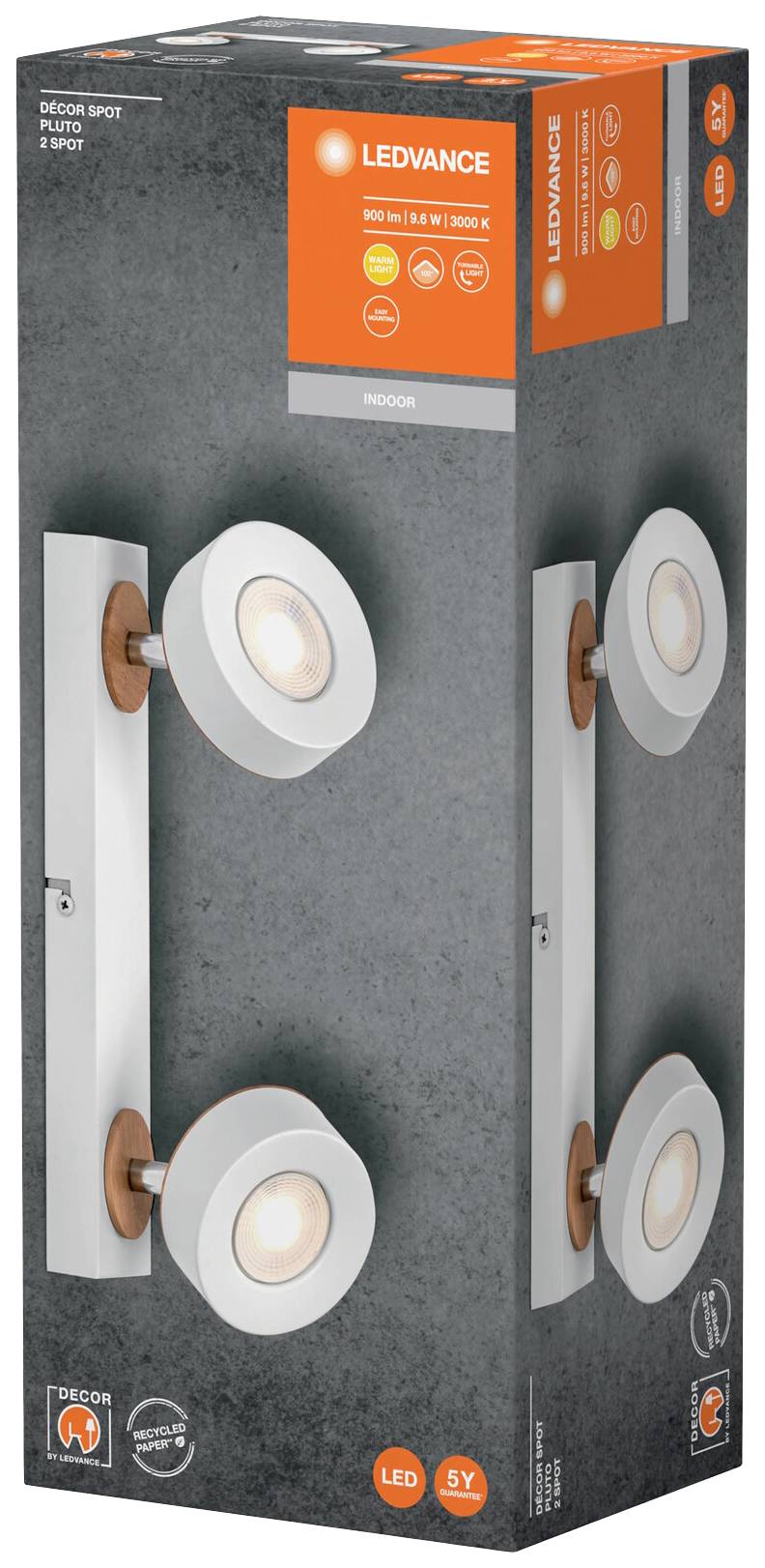 Verpackung einer LED-Lampe von LEDVANCE mit zwei runden, weißen Spots auf einer grauen Halterung. Geeignet für den Innenbereich.