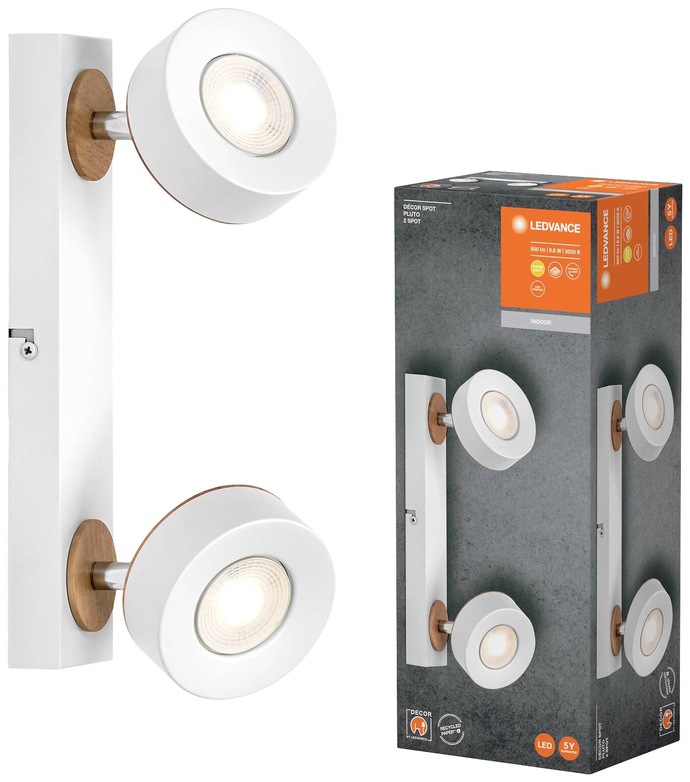 Zwei runde LED-Wandlampen mit Holzdetails, präsentiert neben ihrer Verpackung. Die Verpackung zeigt das Markenlogo und Produktspezifikationen.