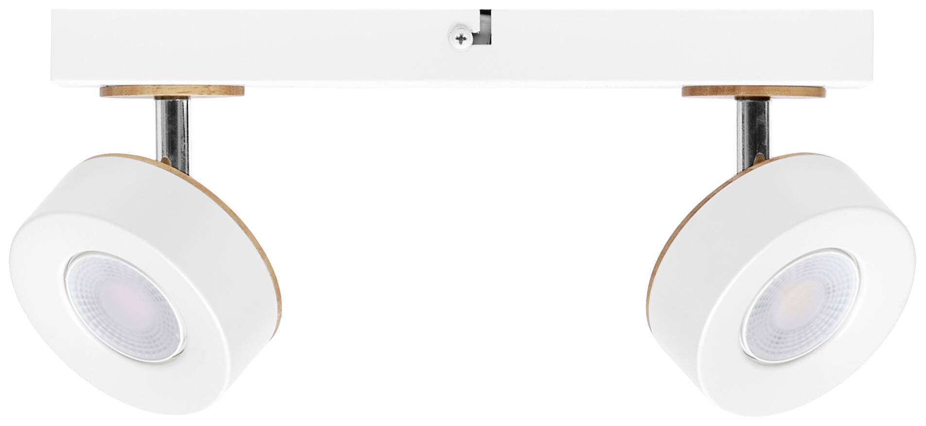 Zweifache weiße Deckenleuchte mit zylindrischen Lampengehäusen, auf einem metallischen Träger montiert.