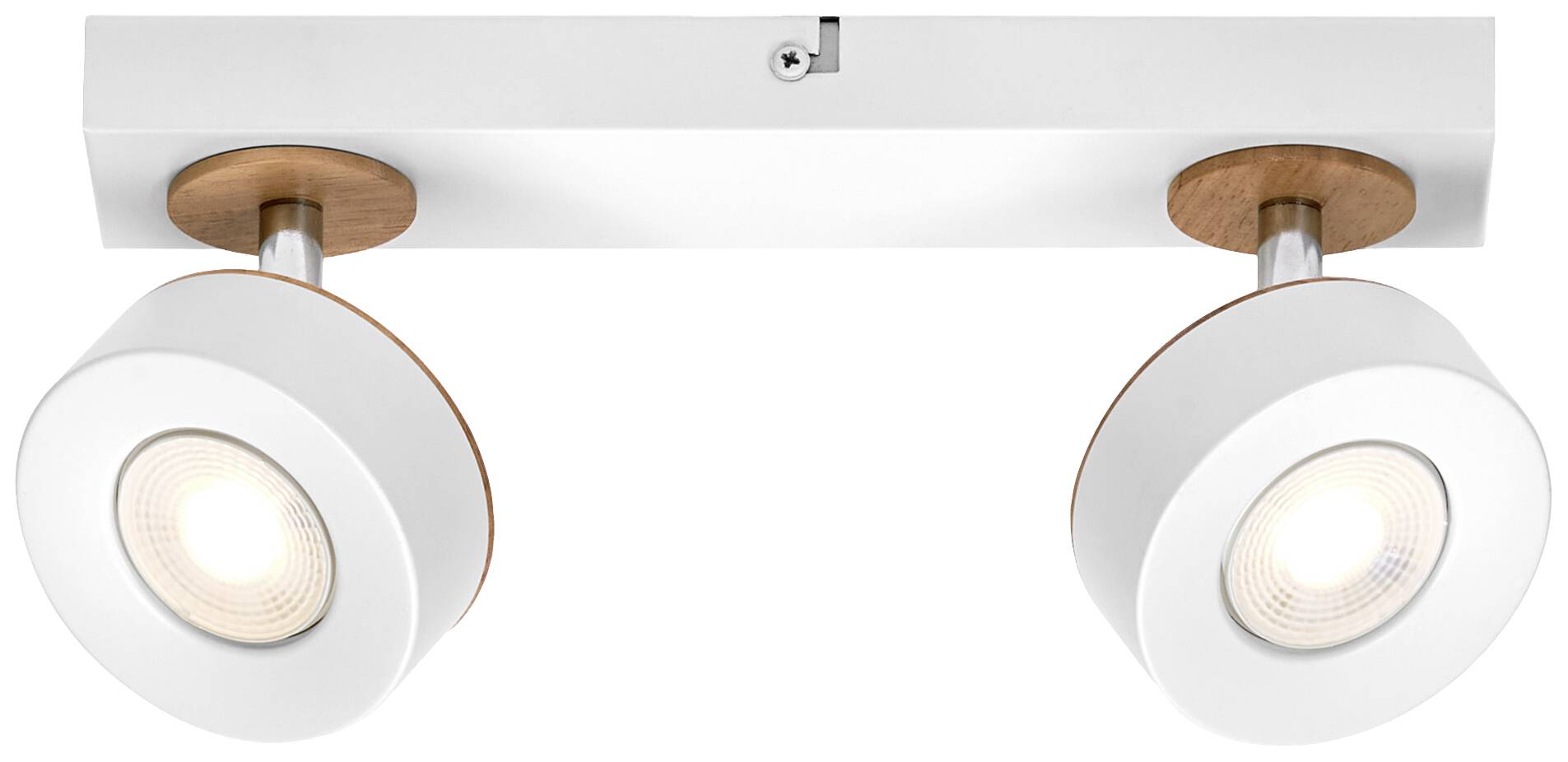 Eine moderne, weiße Deckenleuchte mit zwei runden Strahlern, die in verschiedene Richtungen gedreht werden können.