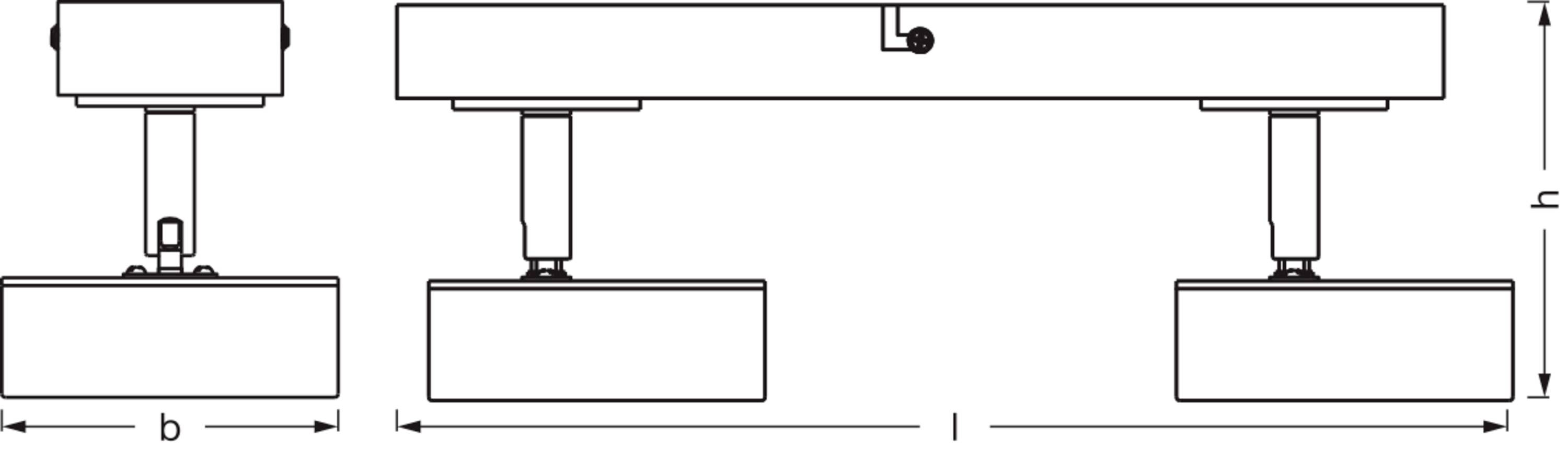 Technische Zeichnung einer Waage mit zwei Plattformen; Darstellung der Länge 'l', der Breite 'b' und der Höhe 'h'.