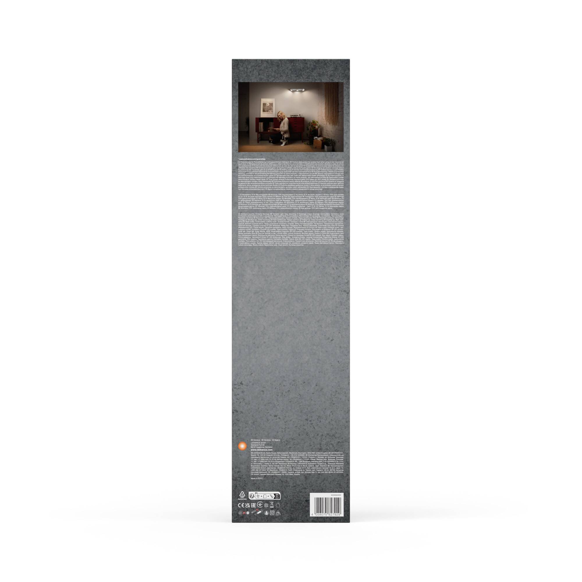 Eine schmale, hohe Verpackung mit einem Bild oben, das ein Wohnzimmer mit einem sitzenden Paar zeigt. Darunter befinden sich beschreibende Textelemente.