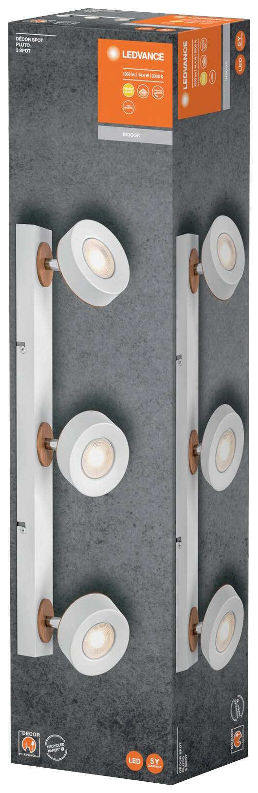 Schachtel für eine LED-Lampe der Marke LEDVANCE mit vier runden, verstellbaren Spots in modernem Design, geeignet für Wohn- und Arbeitsräume.