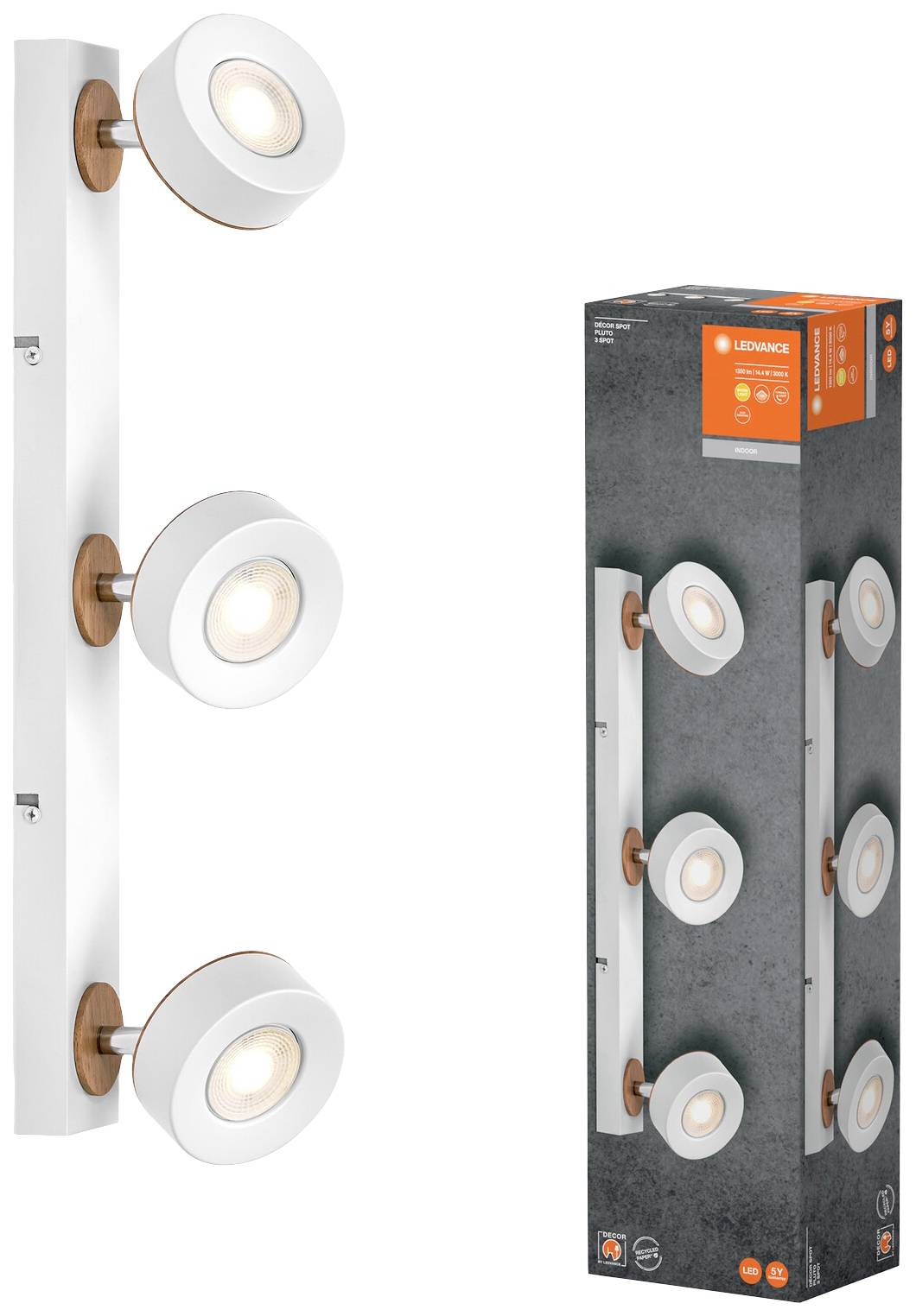 Moderne dreifache Deckenspotleuchte mit runden, weißen Lampenköpfen und hölzernen Akzenten. Verpackung zeigt Produktabbildung.