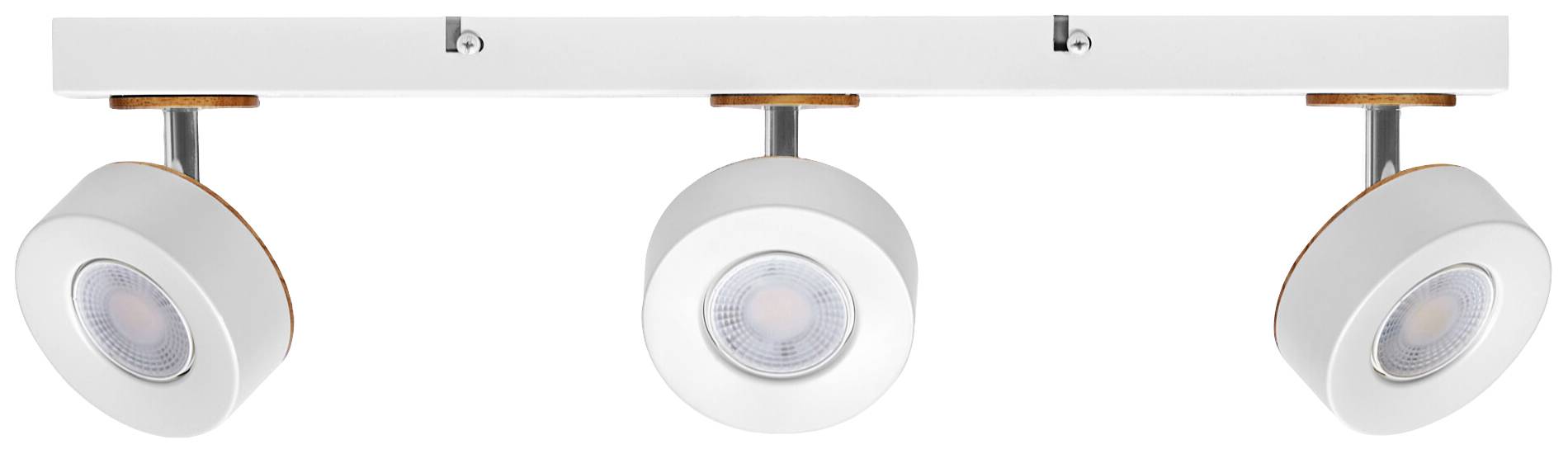 Eine moderne, weiße Deckenleuchte mit drei individuell ausrichtbaren Spots, die an einer rechteckigen Halterung montiert sind.