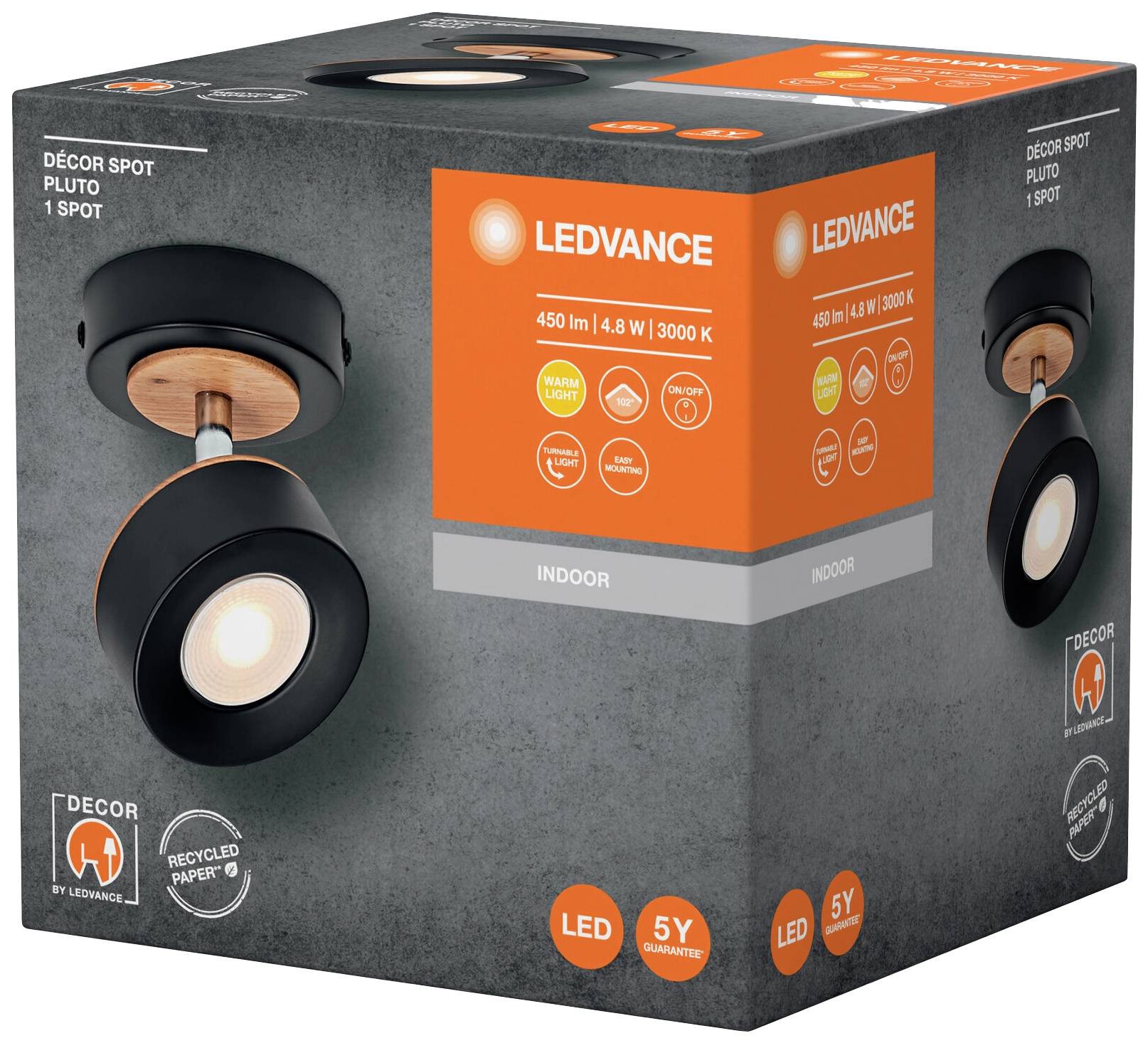 Produktverpackung für 'LEDVANCE Décor Spot Pluto 1 Spot', zeigt Produktinformationen wie 450 lm, 4,8 W, 3000 K, für den Innenbereich.