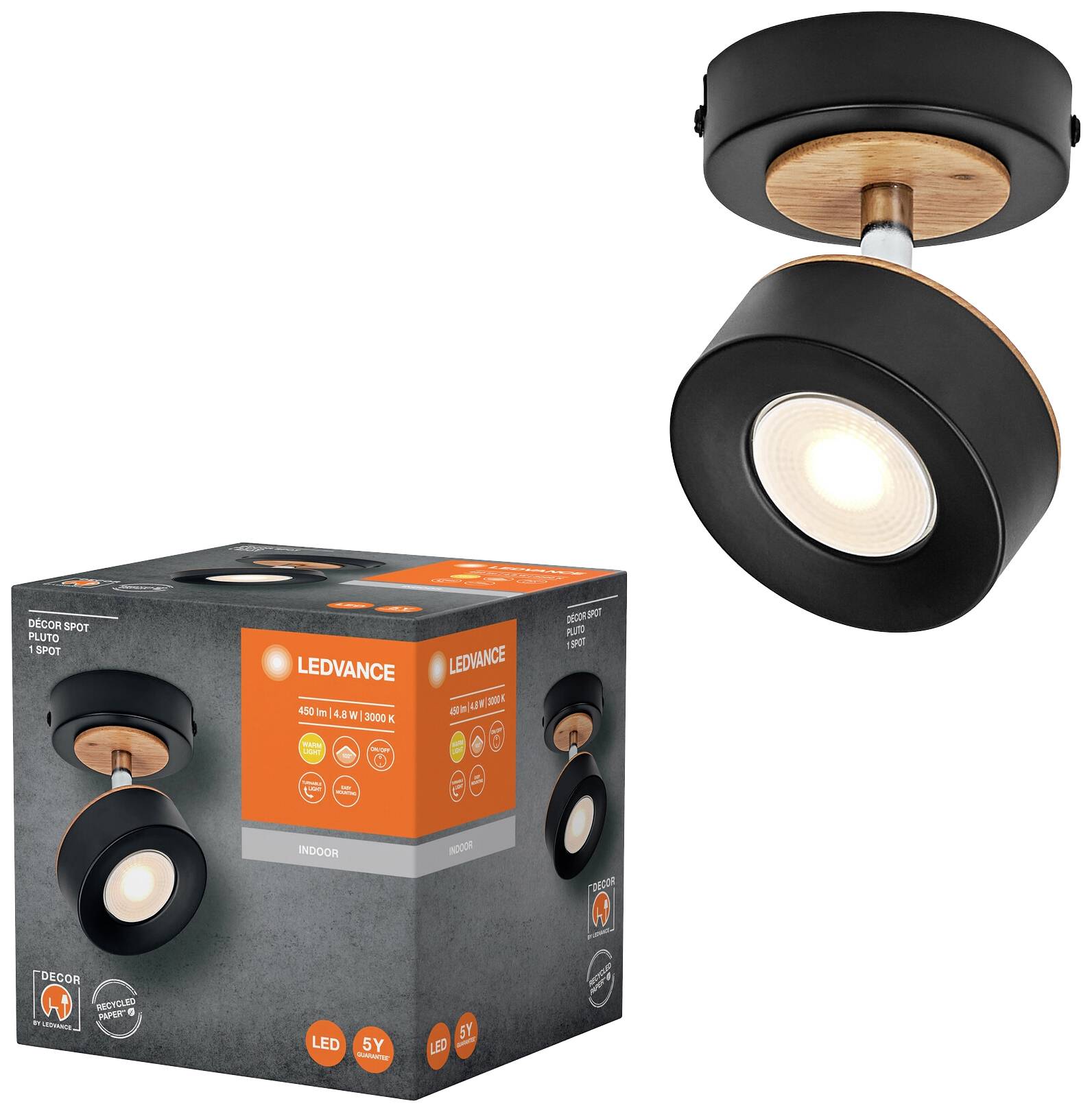 LED-Deckenlampe von Ledvance, schwarz mit Holzdetails, energiesparend. Verpackung zeigt Produkt und wichtige Details.