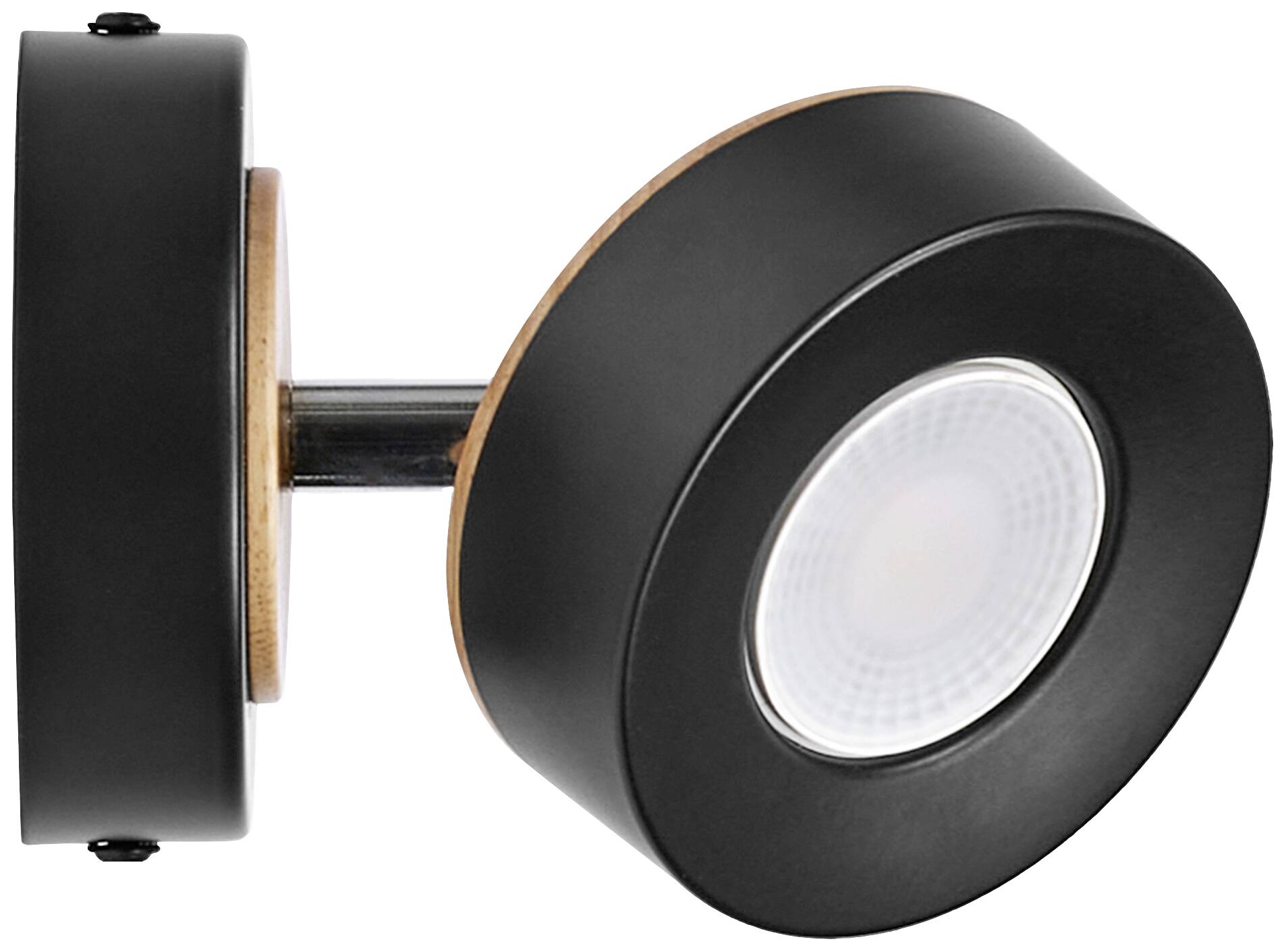 Schwarzer, runder Wandstrahler mit Holzakzenten und weißem Lampenschirm, zur Wandmontage geeignet.