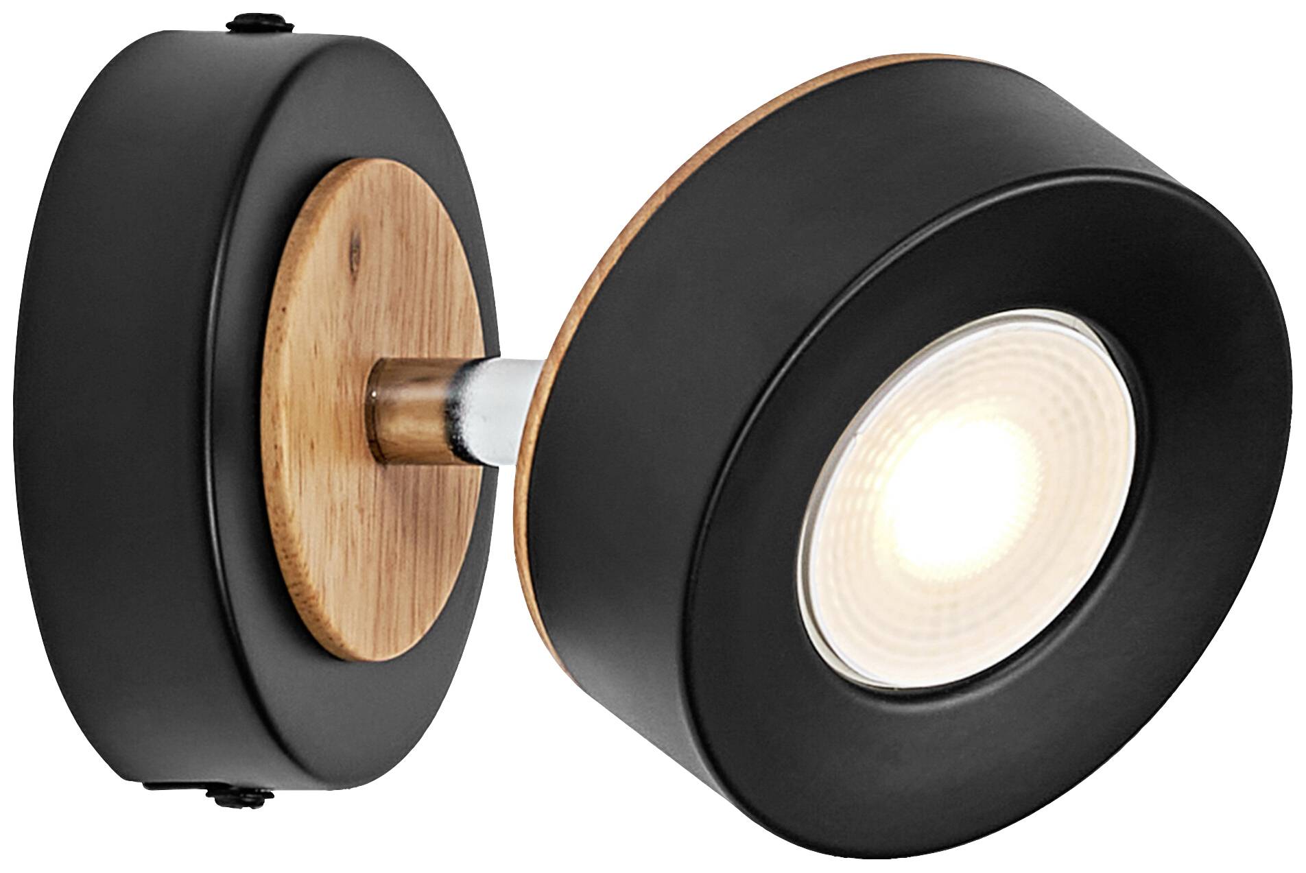 Schwarzer Wandstrahler mit rundem Holzdetail und leuchtender Glühbirne. Modernes Design für gezielte Beleuchtung in Innenräumen.