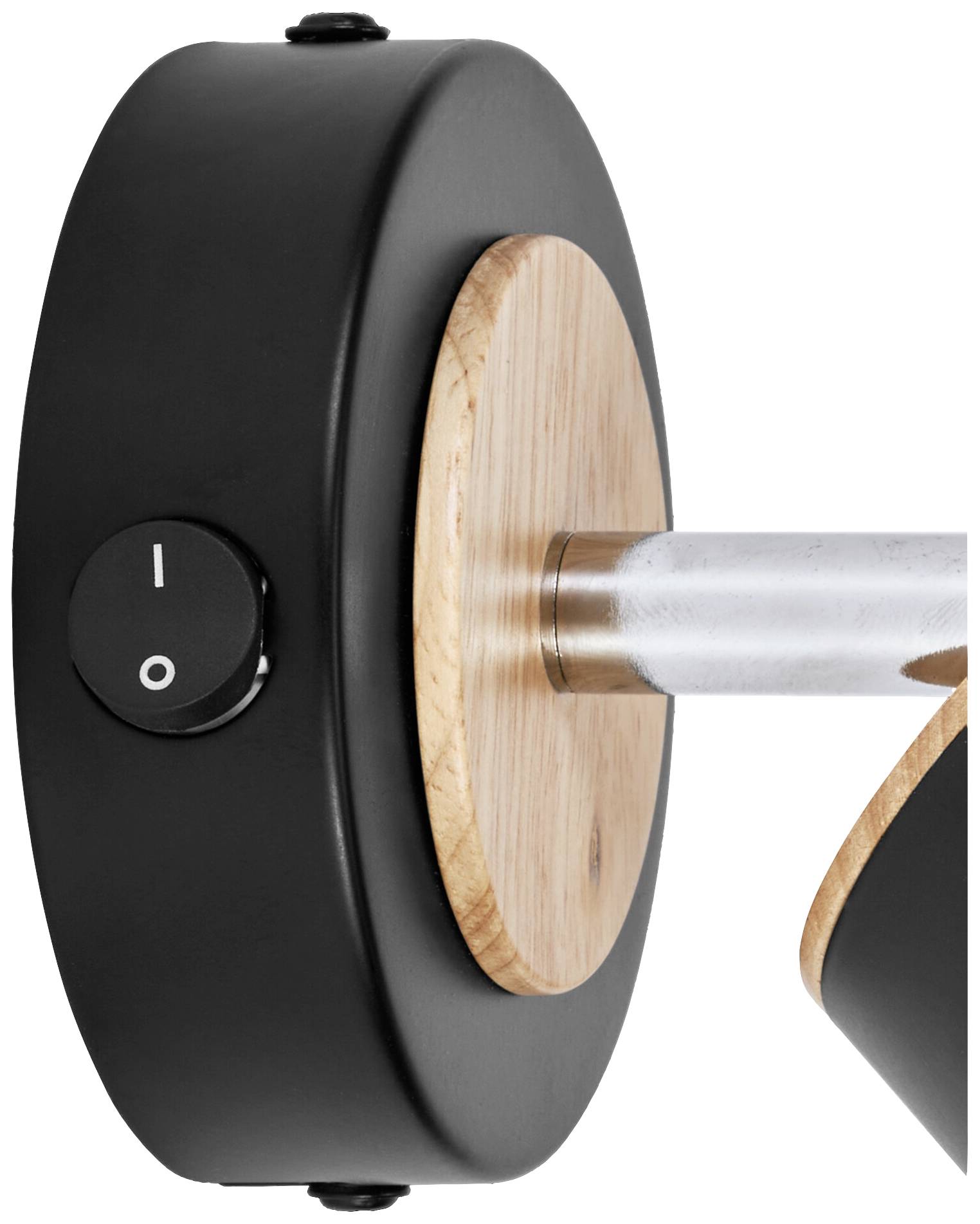 Schwarze und hölzerne Wandlampe mit rundem Sockel, Ein-/Ausschalter an der Seite.