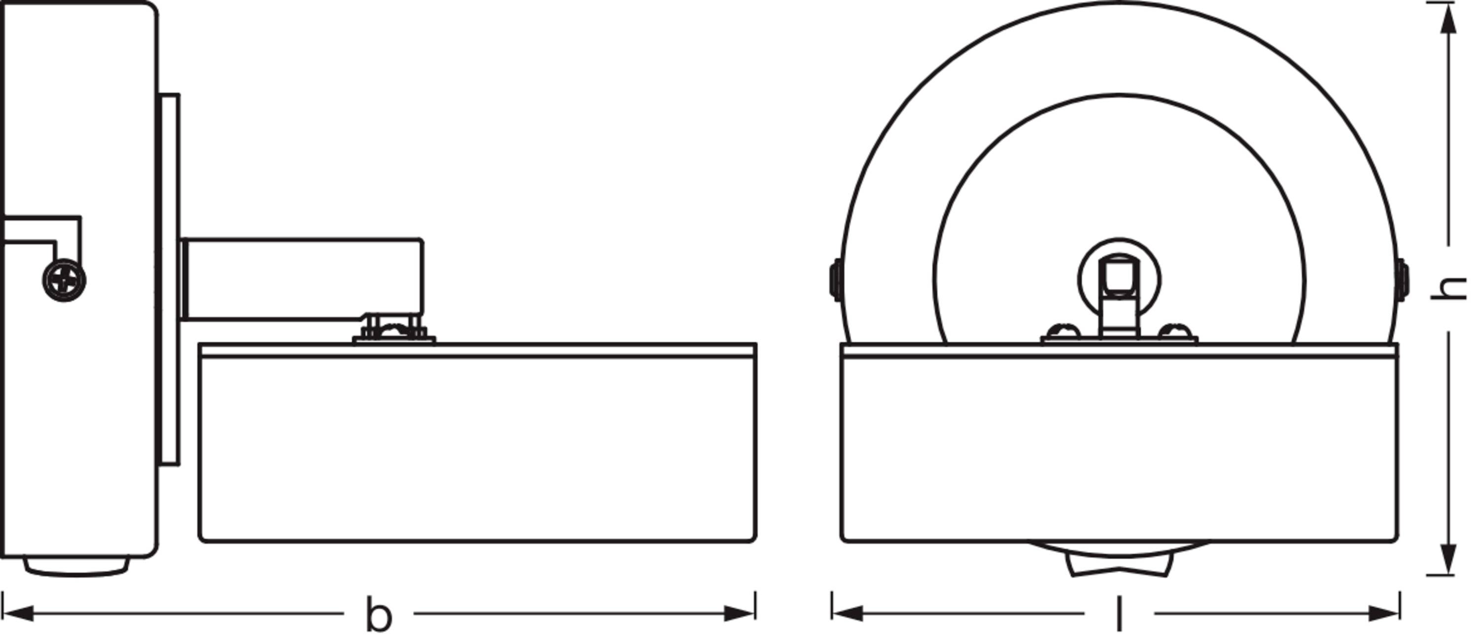 Technische Zeichnung eines Messgeräts. Seitenansicht zeigt Länge 'b', Vorderansicht zeigt Höhe 'h'. Gerät mit kreisförmigem Element.