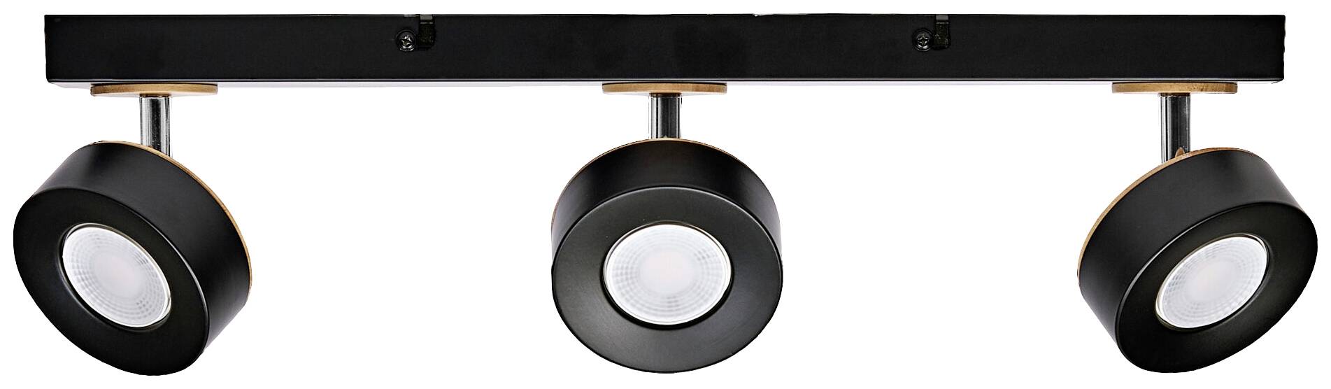 Schwarz-goldene Deckenleuchte mit drei verstellbaren LED-Strahlern an einem rechteckigen Sockel. Geeignet für modernes Interieur.