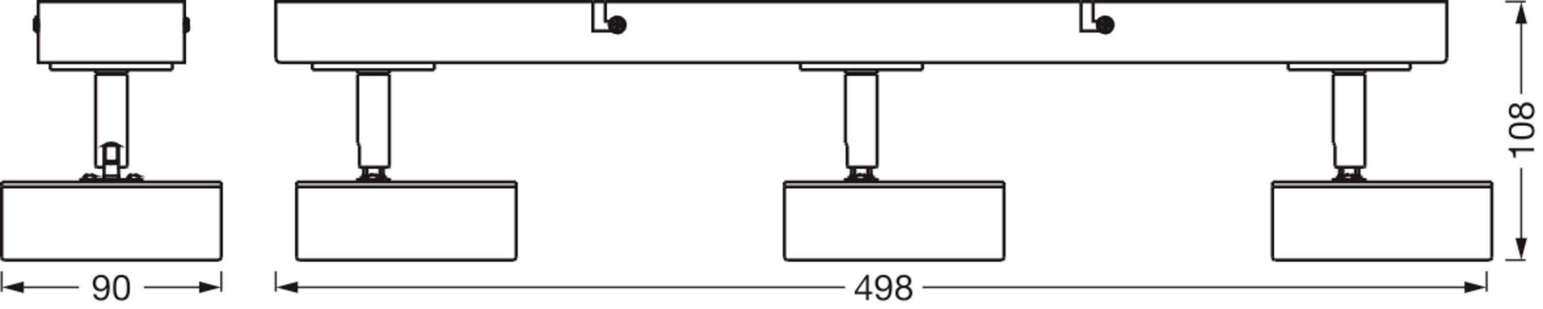 Diagramm einer rechteckigen Deckenleuchte mit vier gleichmäßig verteilten Lampen. Gesamtlänge 498 mm, Lampenabstand 90 mm.