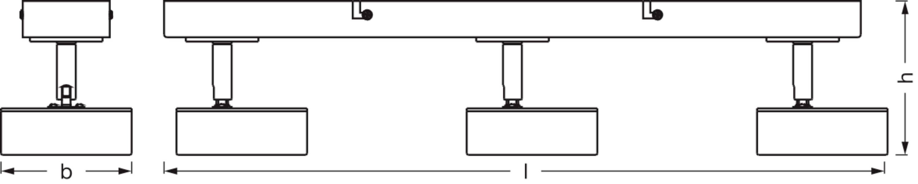 Zeichnung eines Hebesystems mit vier Stützfüßen. Maße: Breite (b), Länge (l), Höhe (h). Hauptkomponenten und ihre Abstände deutlich dargestellt.