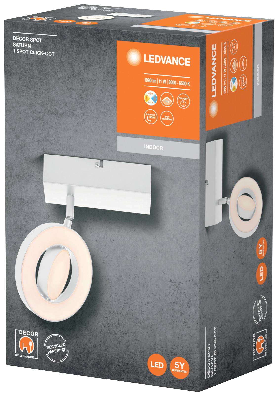 Produktverpackung für LEDVANCE Bewegungslicht 'Décor Spot Saturn', ein LED-Leuchtmittel mit modernem Design für den Innenbereich.