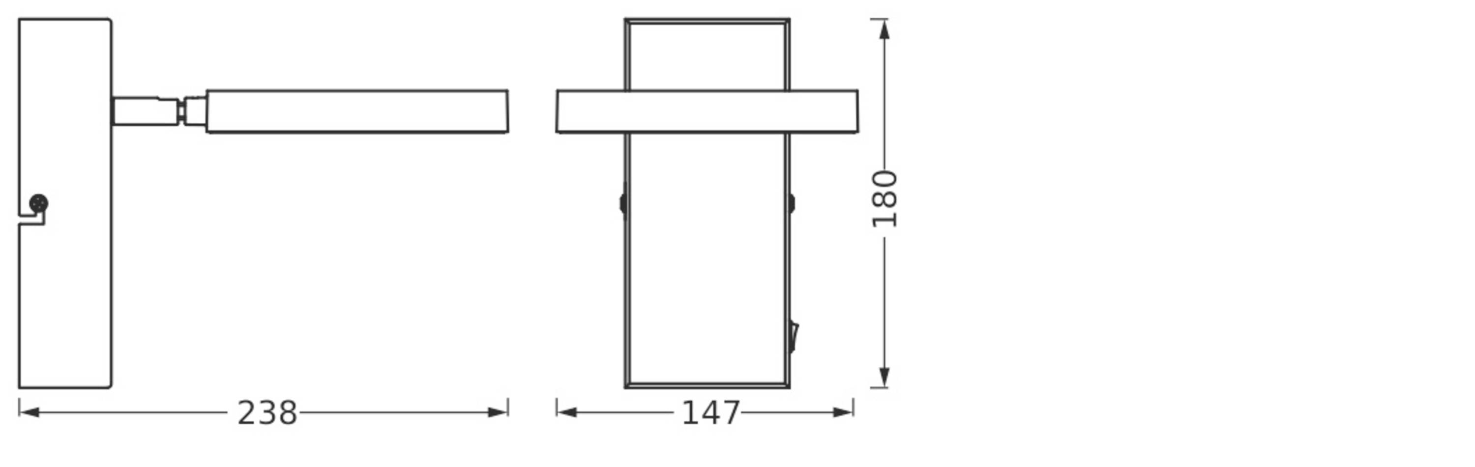Zeichnung zeigt die Seiten- und Frontansicht eines rechteckigen Bauteils mit den Maßen 238mm x 180mm x 147mm.